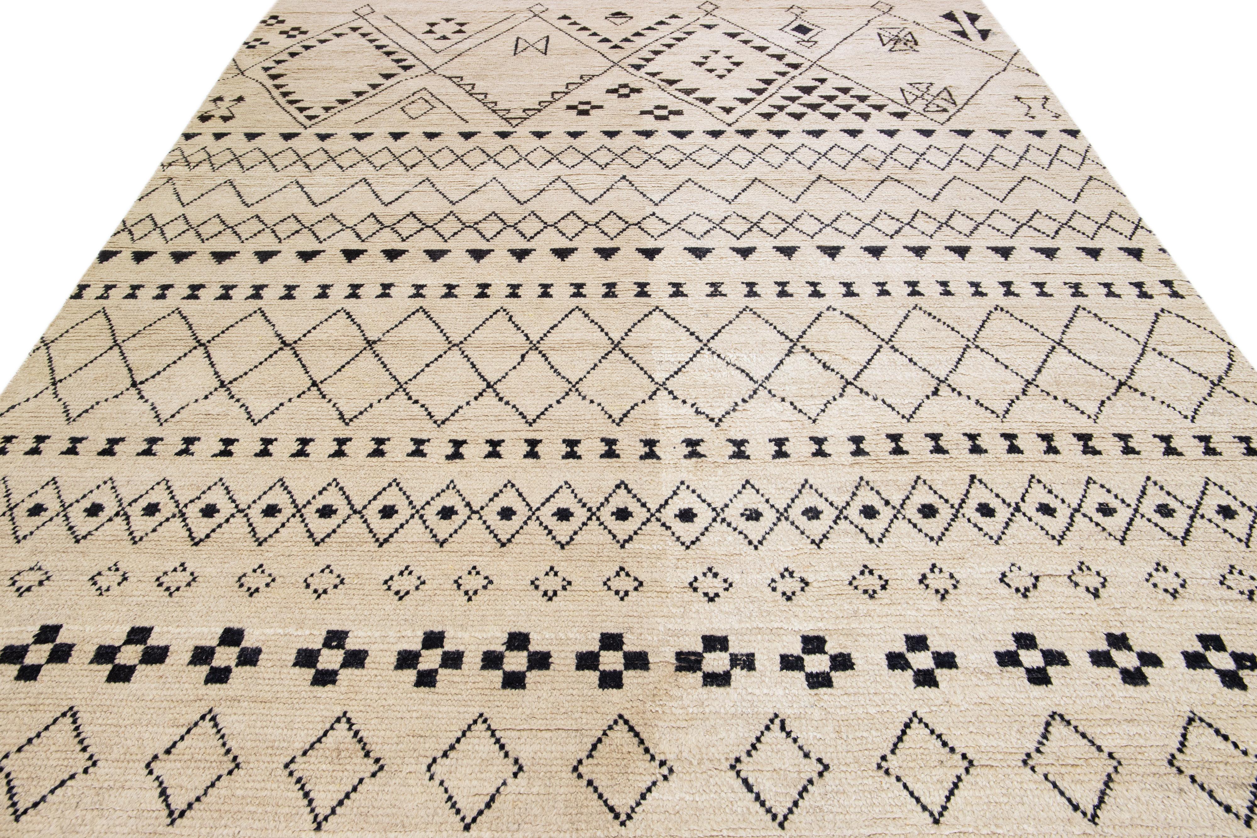 Contemporary Moroccan Style Handmade Tribal Beige Wool Rug For Sale 3