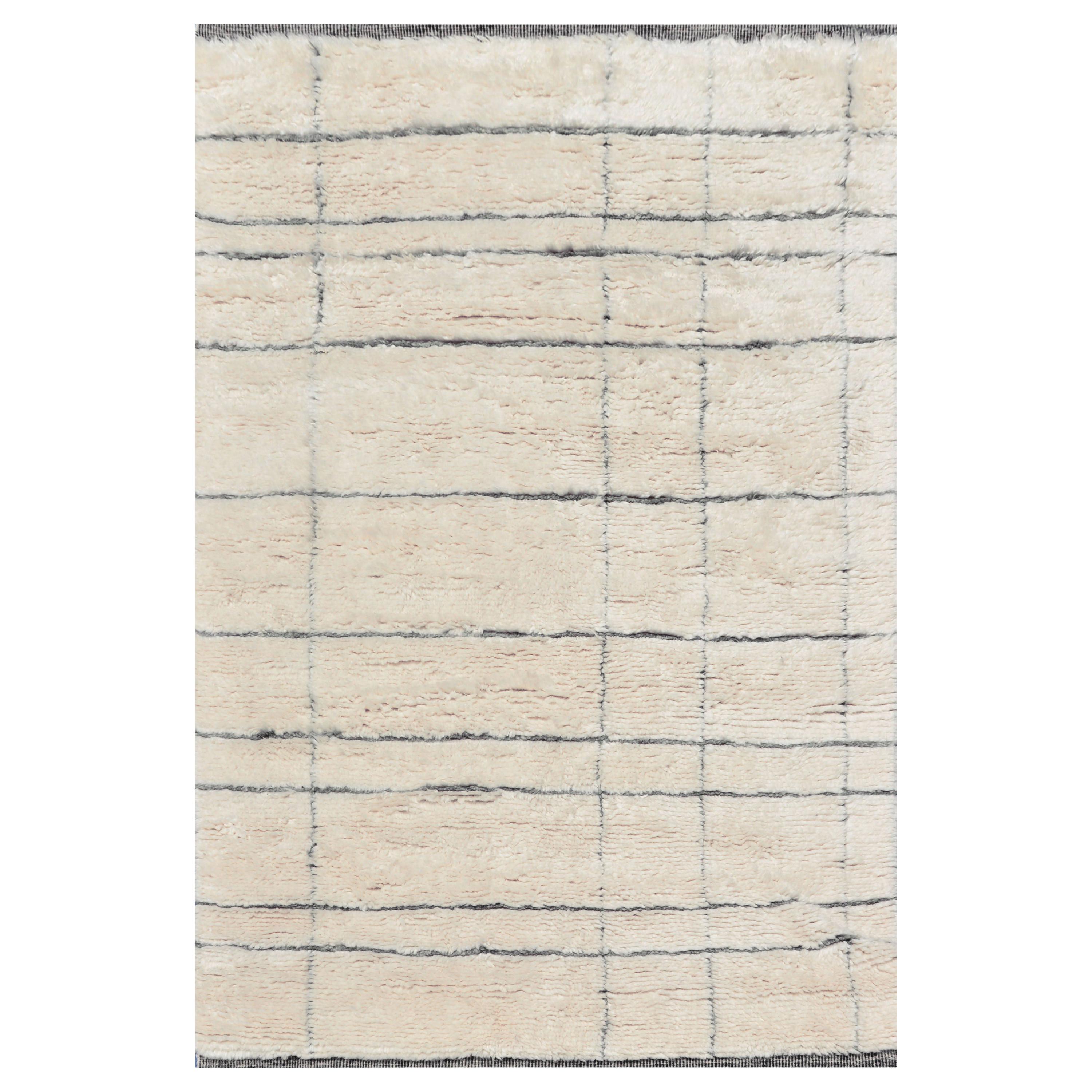 Contemporary Moroccan Style Ivory and Gray Wool Rug with Geometric Design