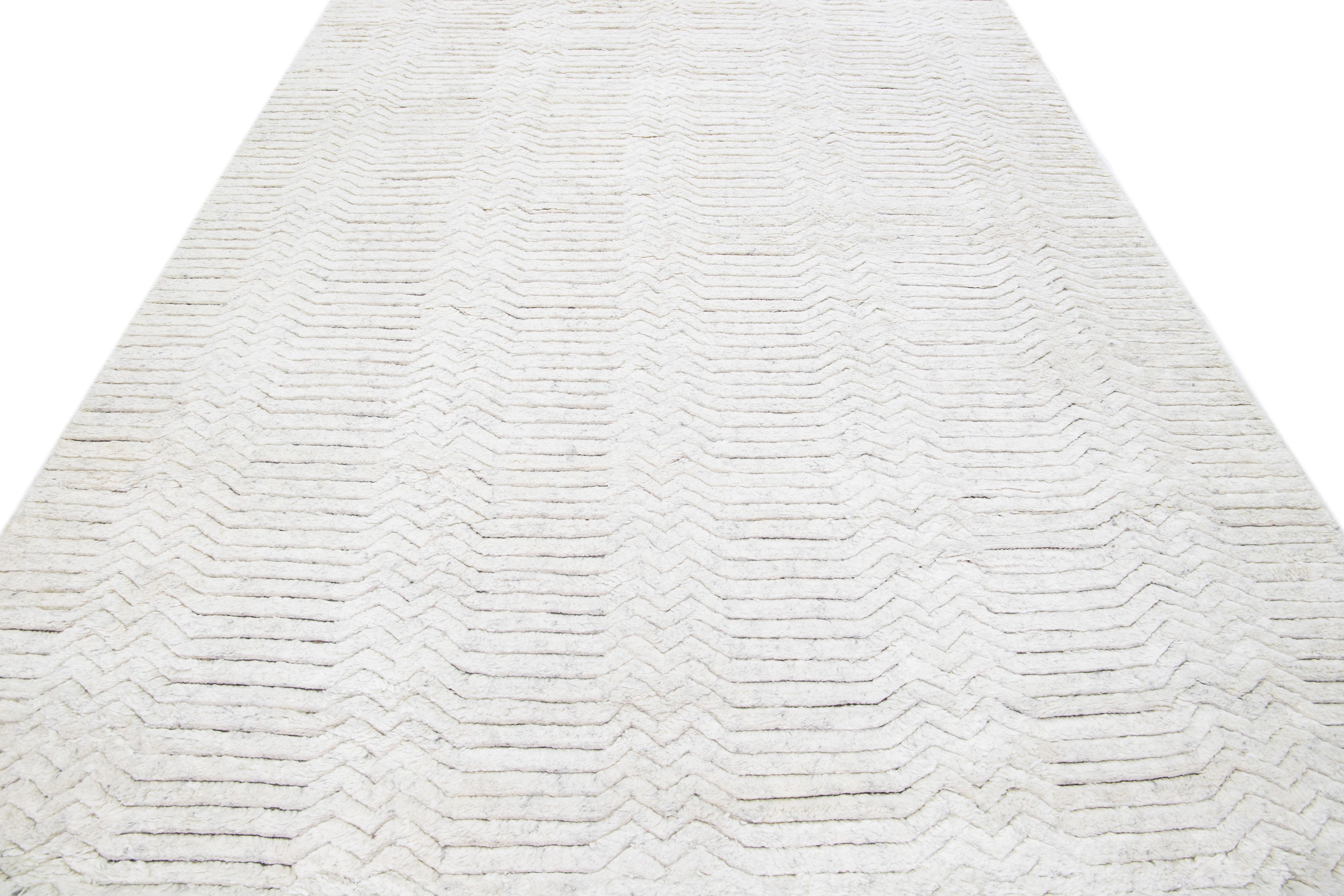 Modern Contemporary Moroccan Style Ivory Handmade Geometric Wool Rug For Sale