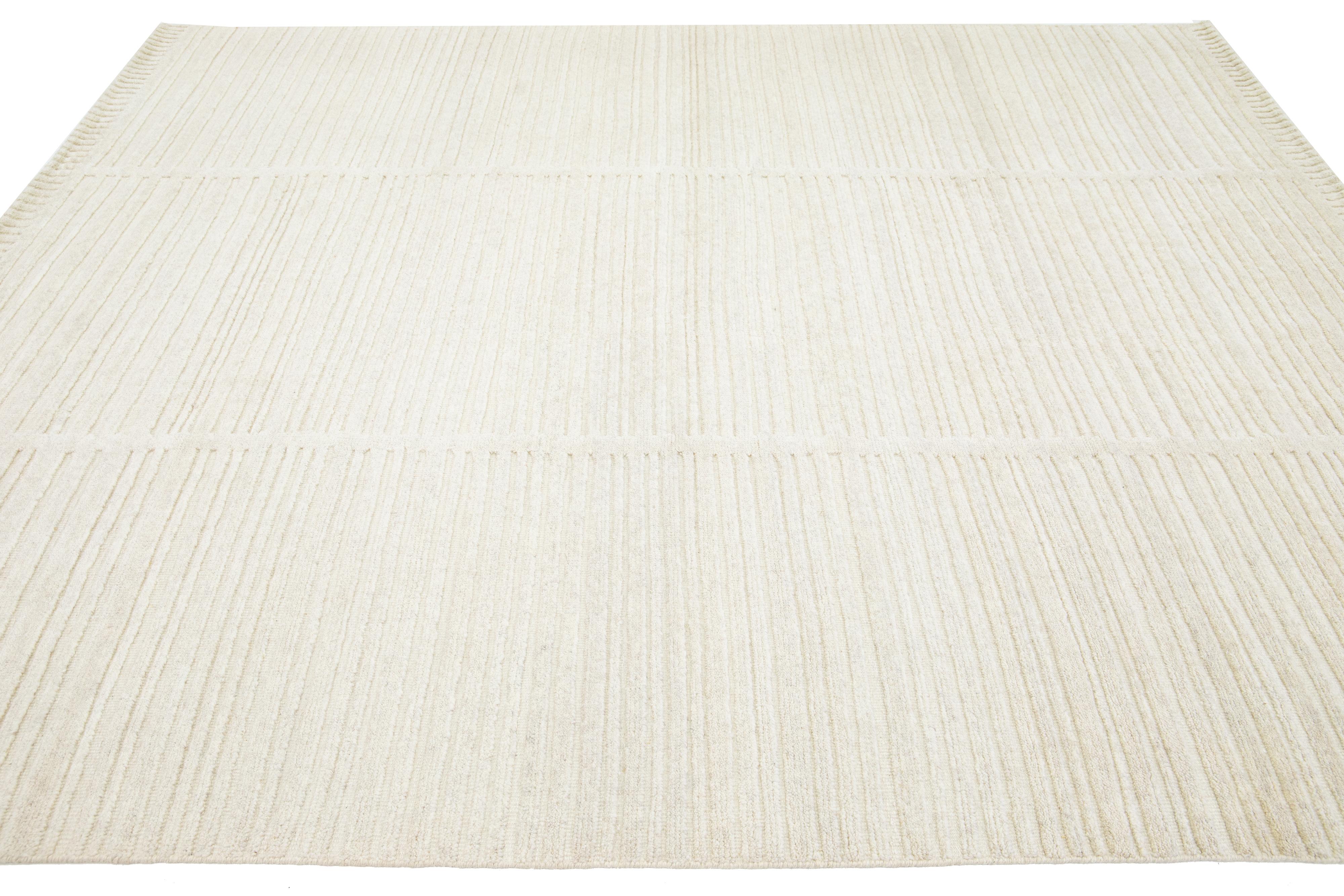 Hand-Knotted Contemporary Moroccan Style Organic Ivory Wool Rug By Apadana For Sale