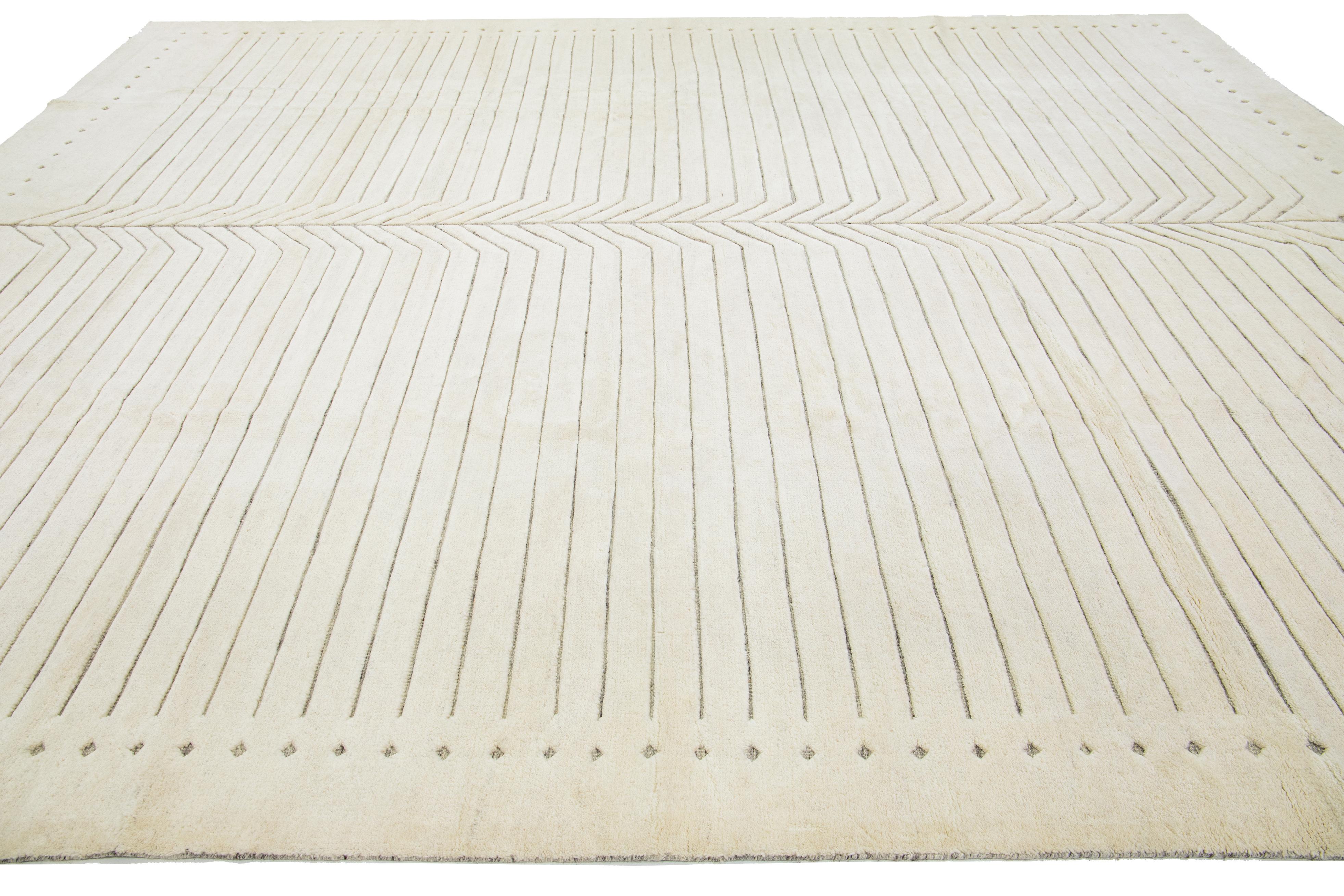 Pakistani Contemporary Moroccan Style Oversize Wool Rug With Minimalist Ivory Field For Sale