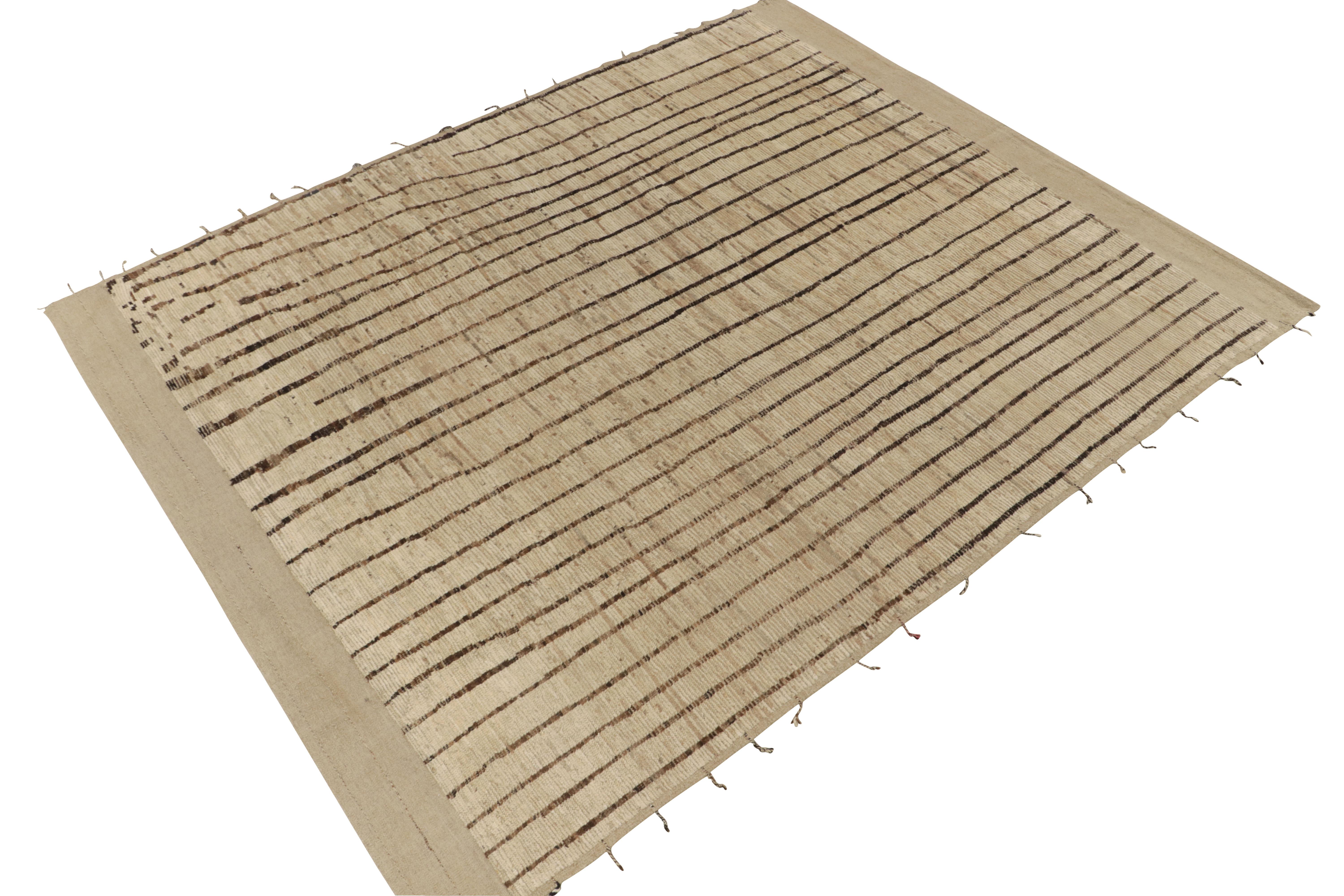 Modern Rug & Kilim's Contemporary Moroccan Style Rug in Beige, Brown Stripes For Sale