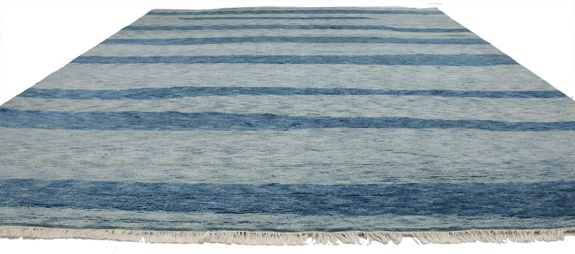 30345 New Contemporary Coastal Moroccan Rug with Postmodern and Beach Hygge Style. The postmodern style meets Cape Cod coastal vibes without going over the top in this hand-knotted wool contemporary Moroccan area rug. The abstract design combined