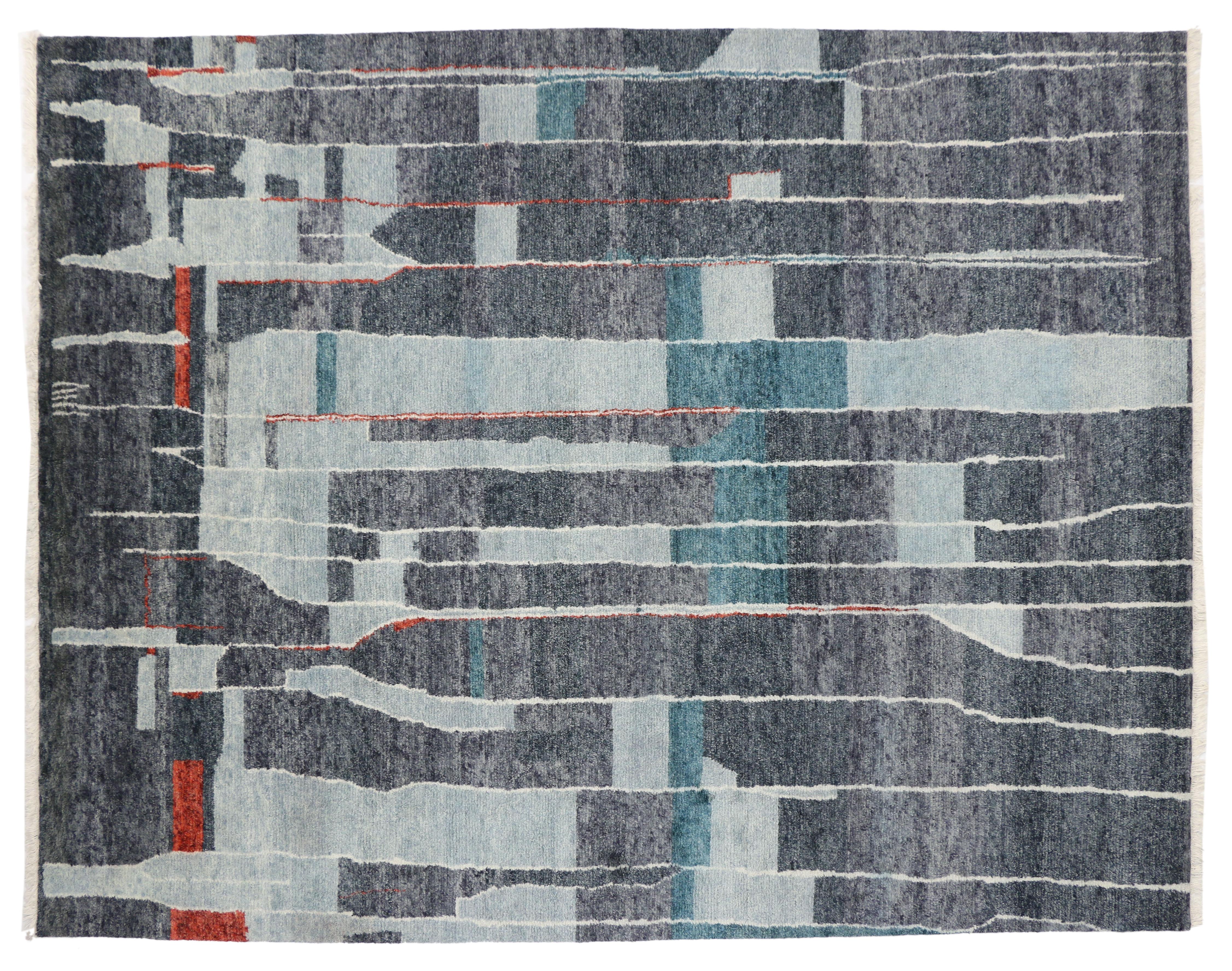 Contemporary Moroccan Style Rug with Modern Bauhaus Design, Gray-Teal Area Rug In New Condition In Dallas, TX