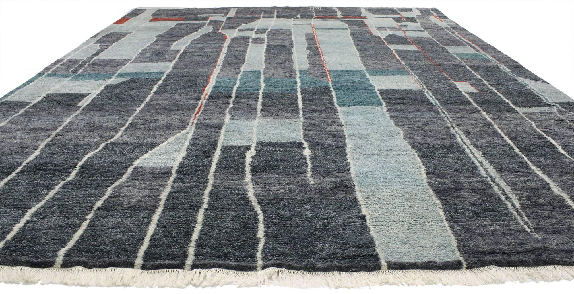 30352, Contemporary Moroccan Style Rug with Modern Bauhaus Design, Gray-Teal Area Rug. Highly stylish yet casually elegant, this contemporary Moroccan rug with modern design is ideal for nearly any fashionable space. A series of asymmetrical lines