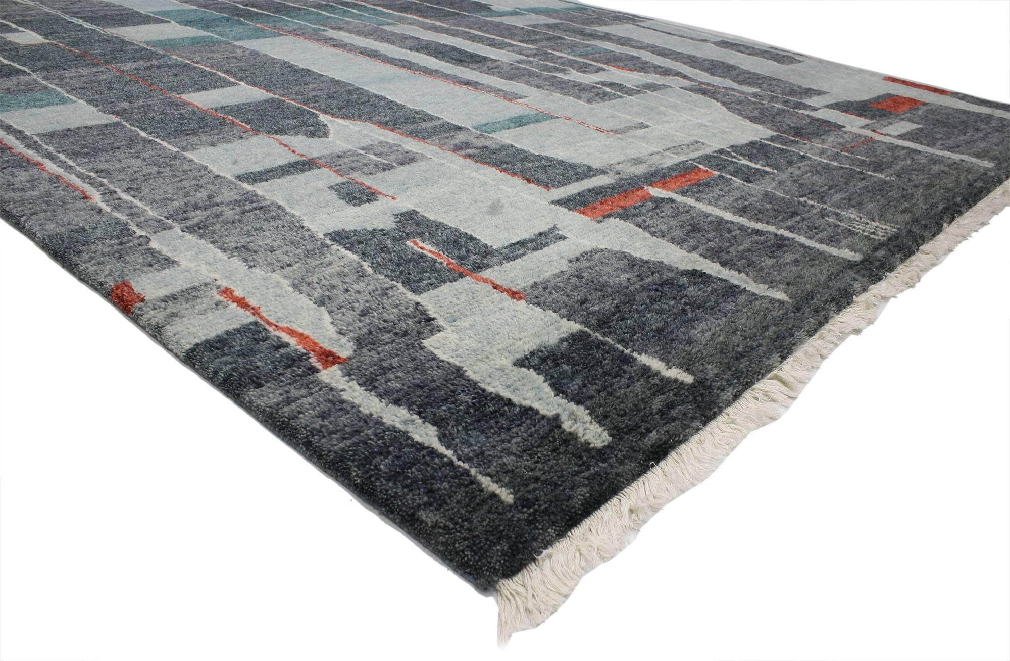 Indian Contemporary Moroccan Style Rug with Modern Bauhaus Design, Gray-Teal Area Rug