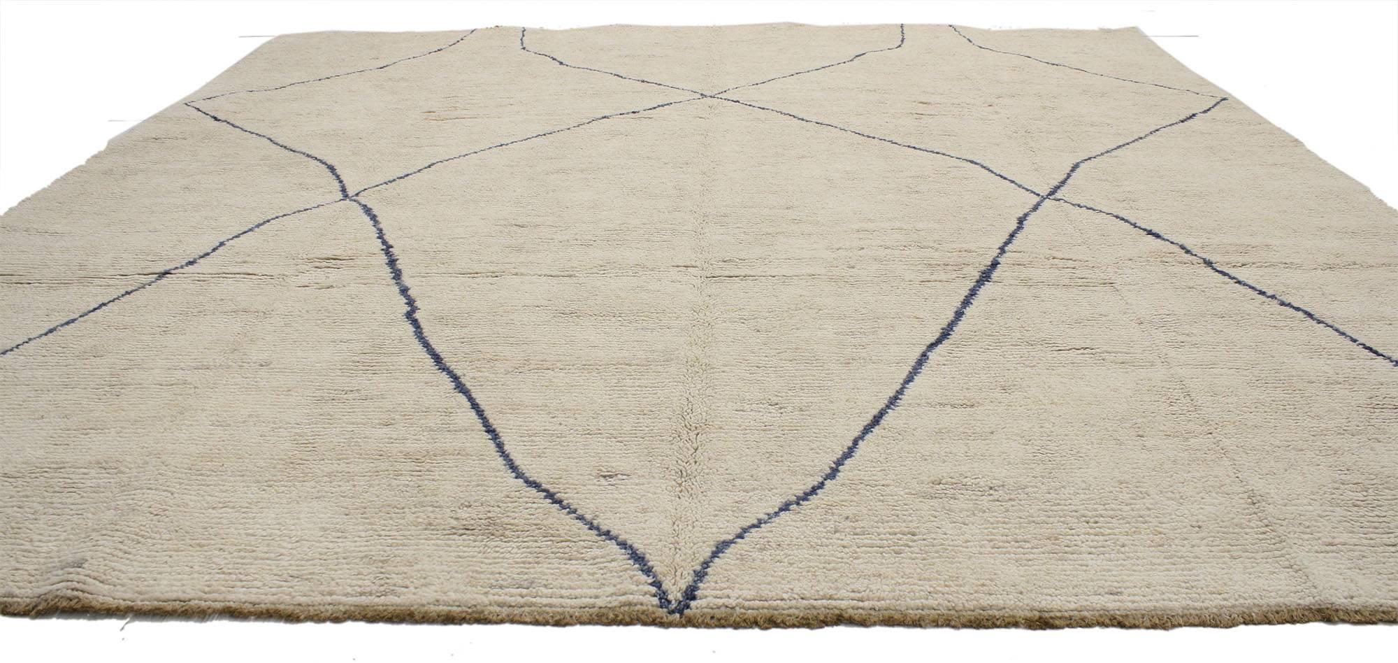 80437, contemporary Moroccan style rug with modern design square rug. This Moroccan style square rug features well-defined bluish lines on a creamy-beige field creating a modern design attracting the viewer with its expressive pattern and cozy,
