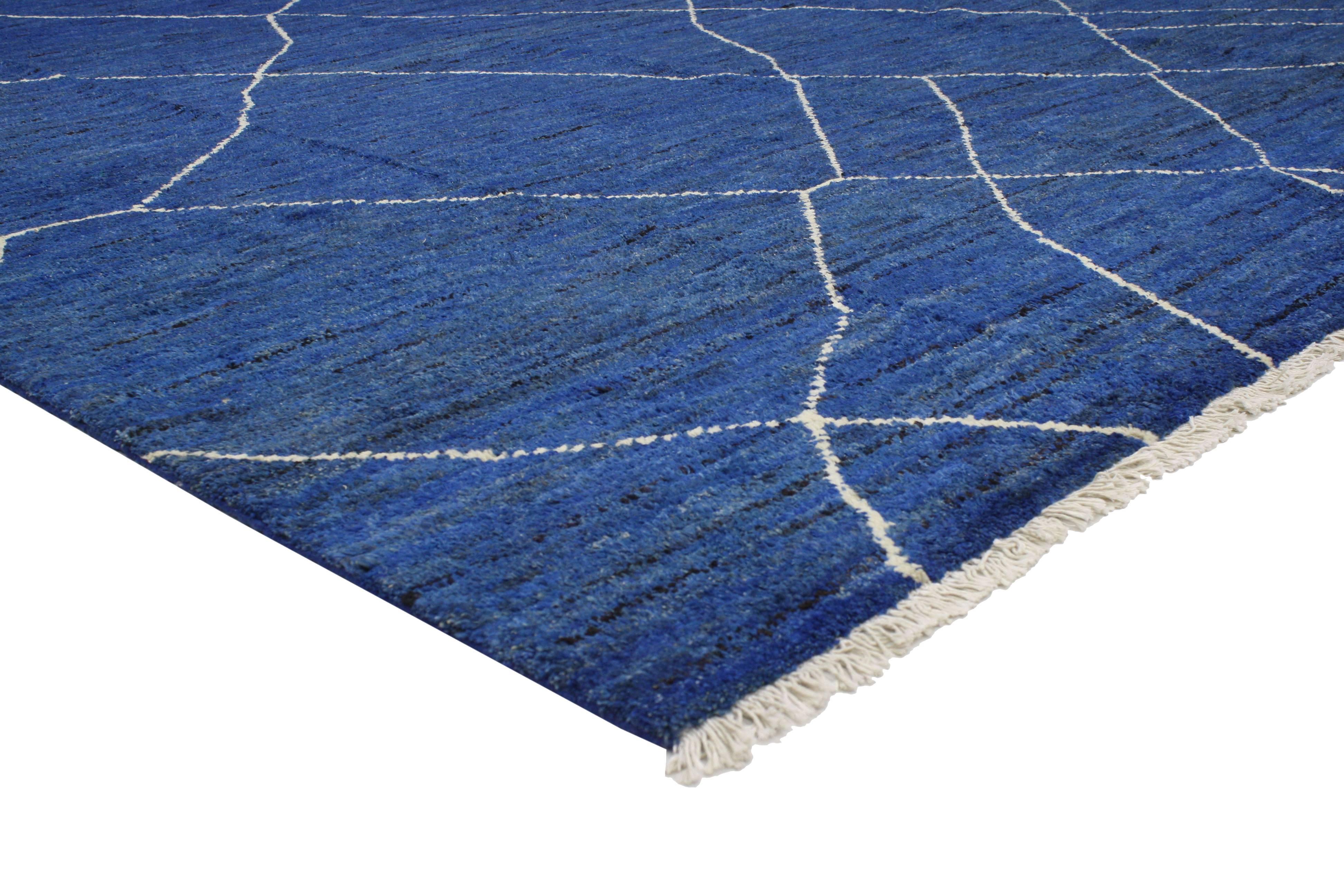 Hand-Knotted New Contemporary Blue Moroccan Style Rug with Abstract Expressionist Style