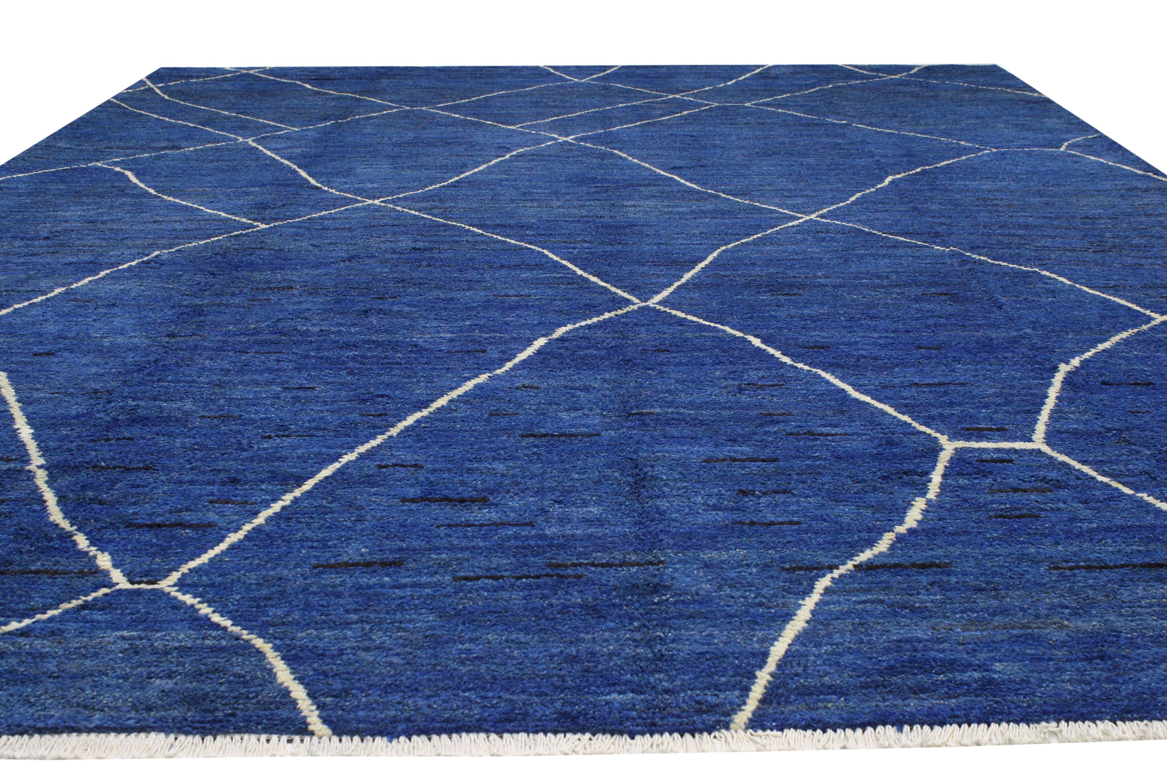 Wool New Contemporary Blue Moroccan Style Rug with Abstract Expressionist Style