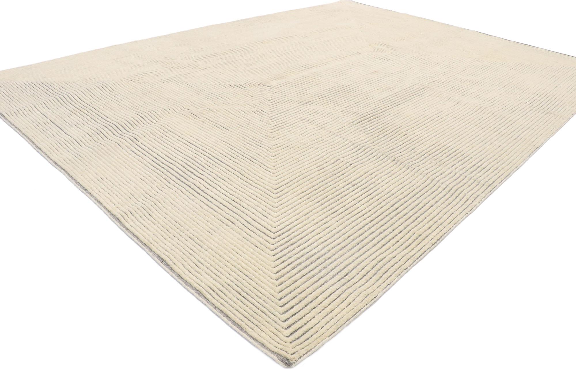30613 new contemporary Moroccan style Souf rug with Raised Minimalist Concentric design. This hand knotted wool new contemporary Moroccan style souf rug features a rectilinear pattern composed of concentric rectangles creating an Expansion effect.
