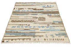 Contemporary Moroccan Style Wool Rug Abstract Cream Field with Blue Accents