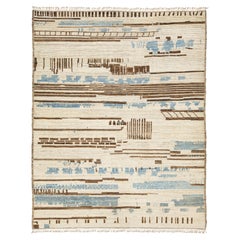 Contemporary Moroccan Style Wool Rug Abstract Cream Field with Blue Accents