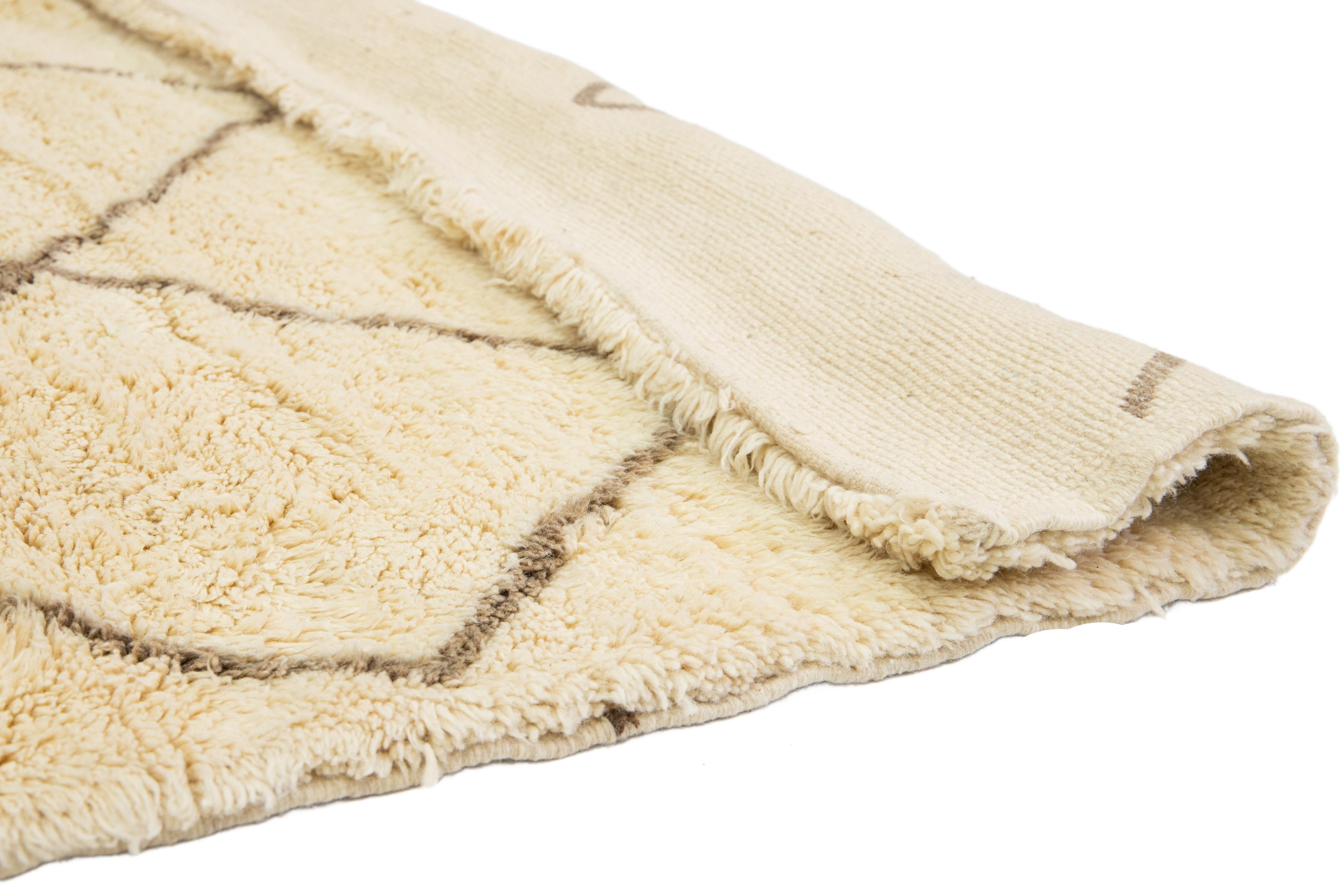 Indian Contemporary Moroccan Style Wool Rug In Beige Color With Geometric Design For Sale