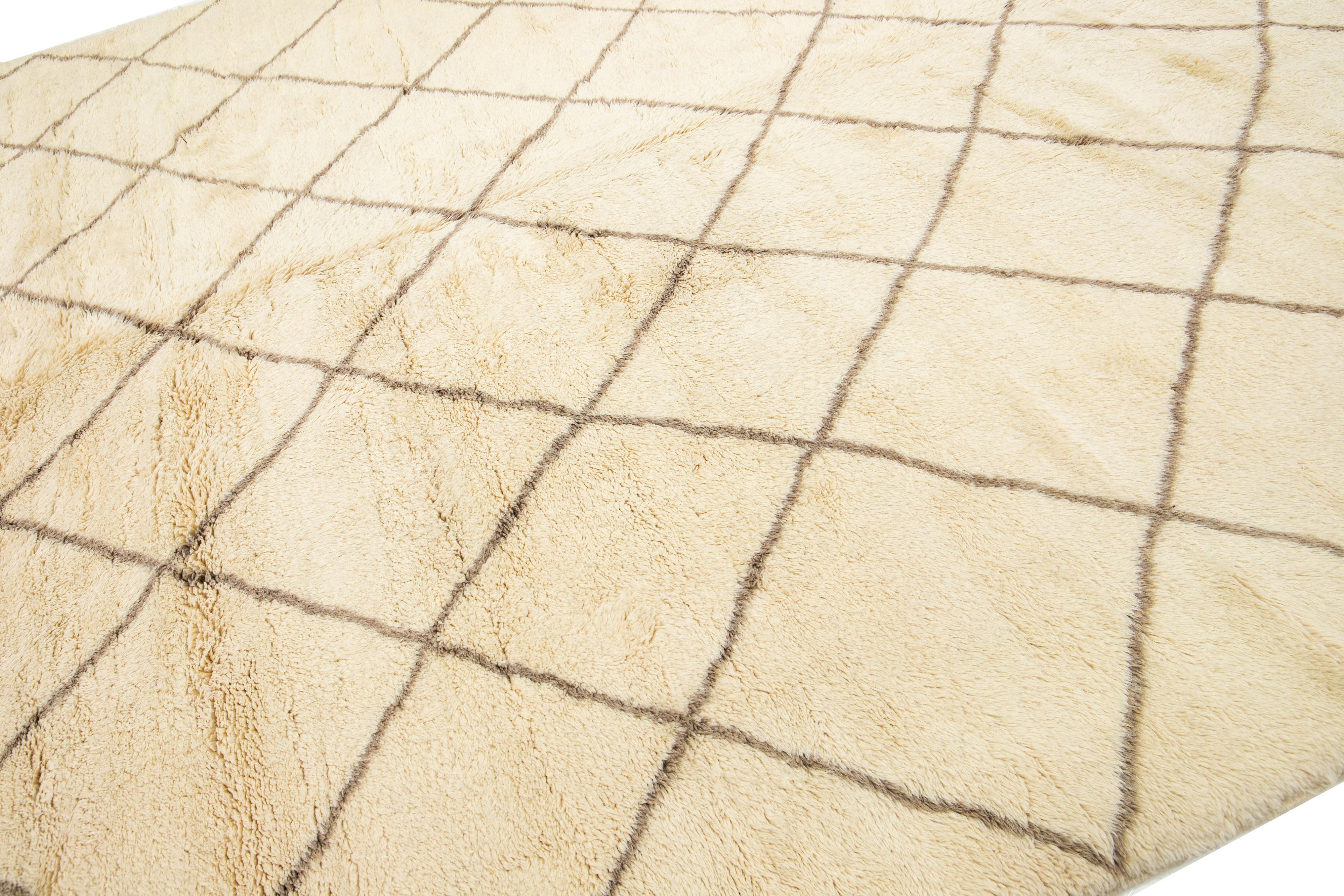 Hand-Knotted Contemporary Moroccan Style Wool Rug In Beige Color With Geometric Design For Sale