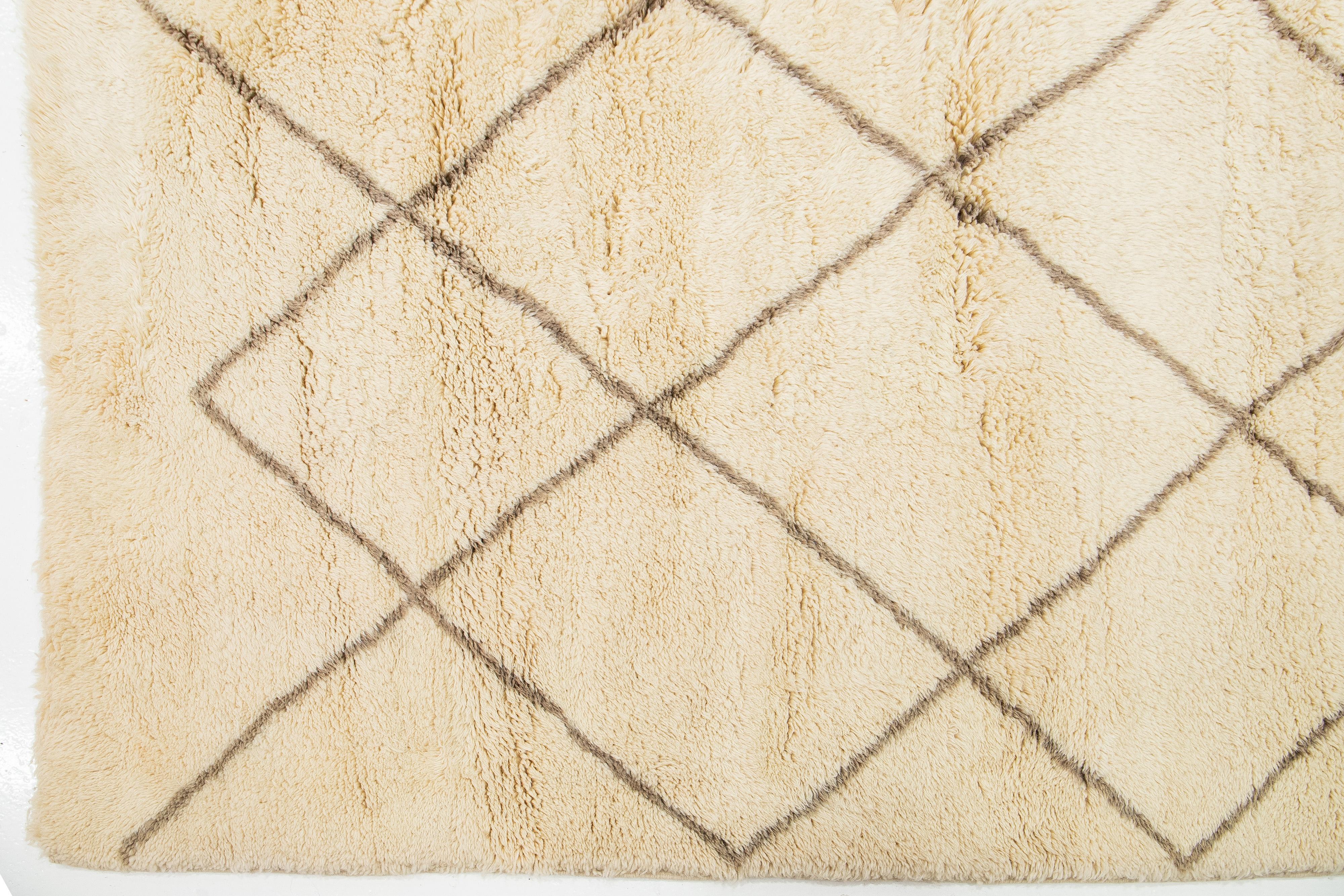 Contemporary Moroccan Style Wool Rug In Beige Color With Geometric Design For Sale 1