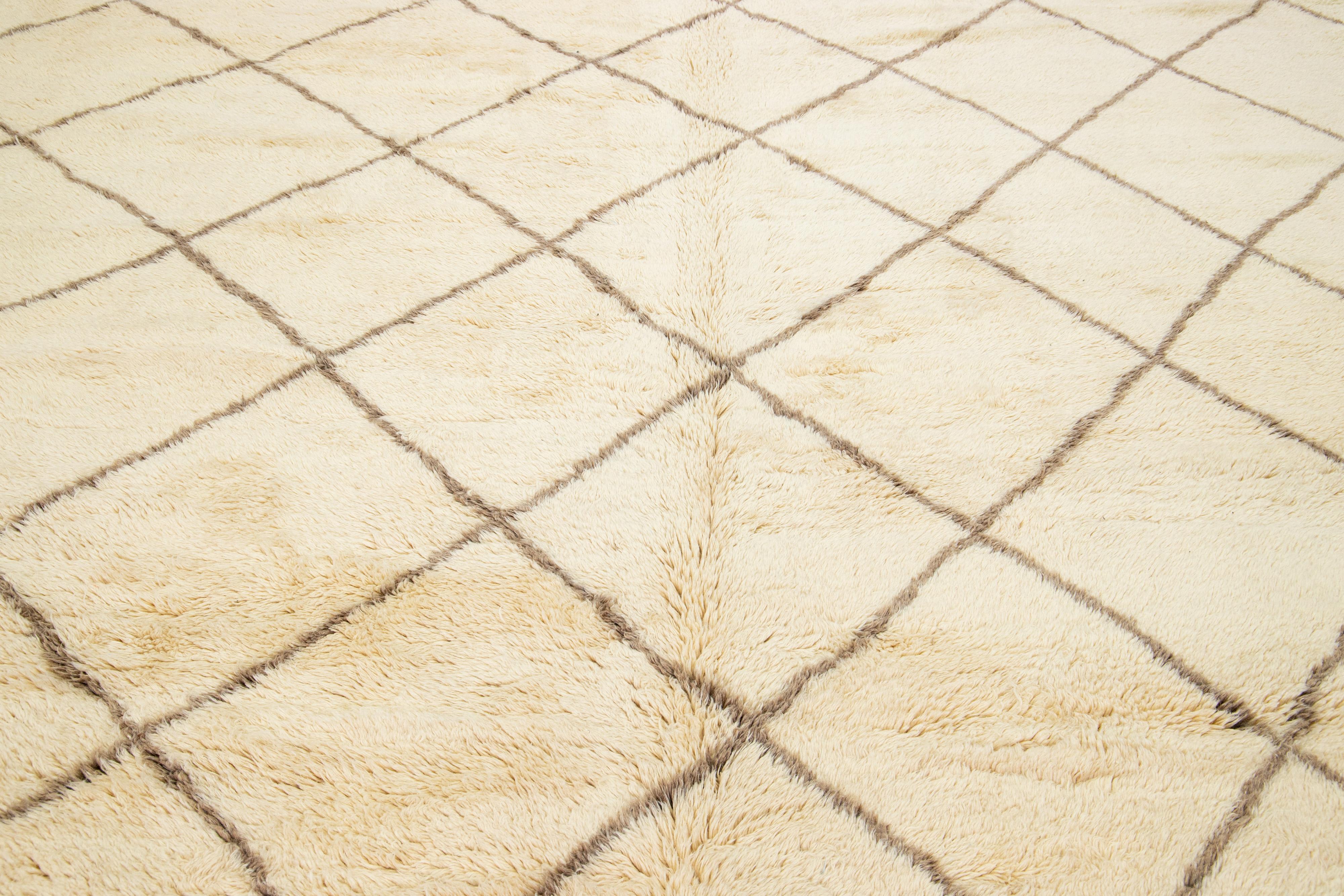 Contemporary Moroccan Style Wool Rug In Beige Color With Geometric Design For Sale 2
