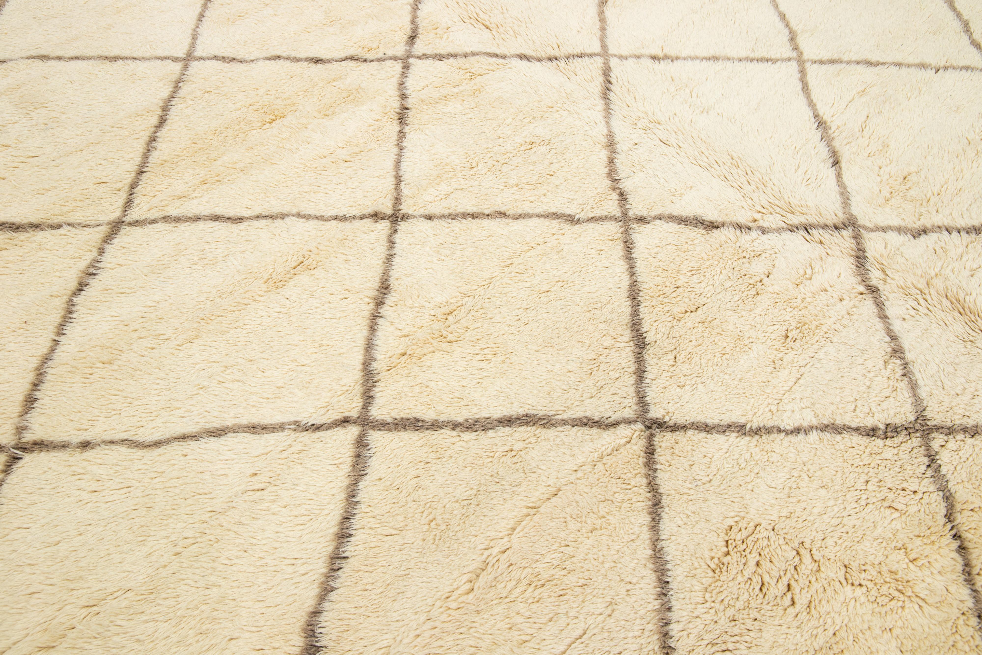 Contemporary Moroccan Style Wool Rug In Beige Color With Geometric Design For Sale 3