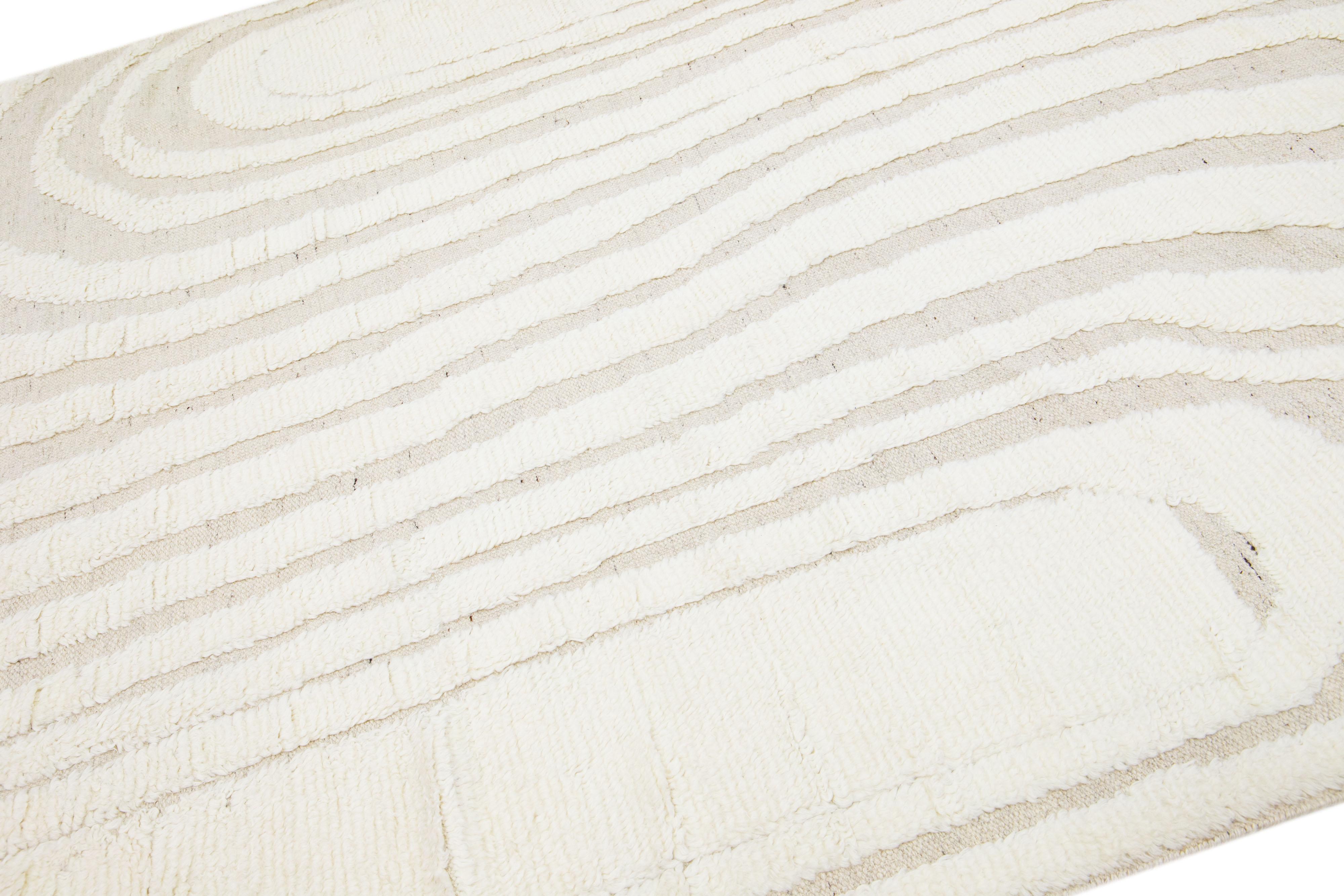 Organic Modern Contemporary Moroccan Style Wool Rug In Ivory With Abstract Design For Sale