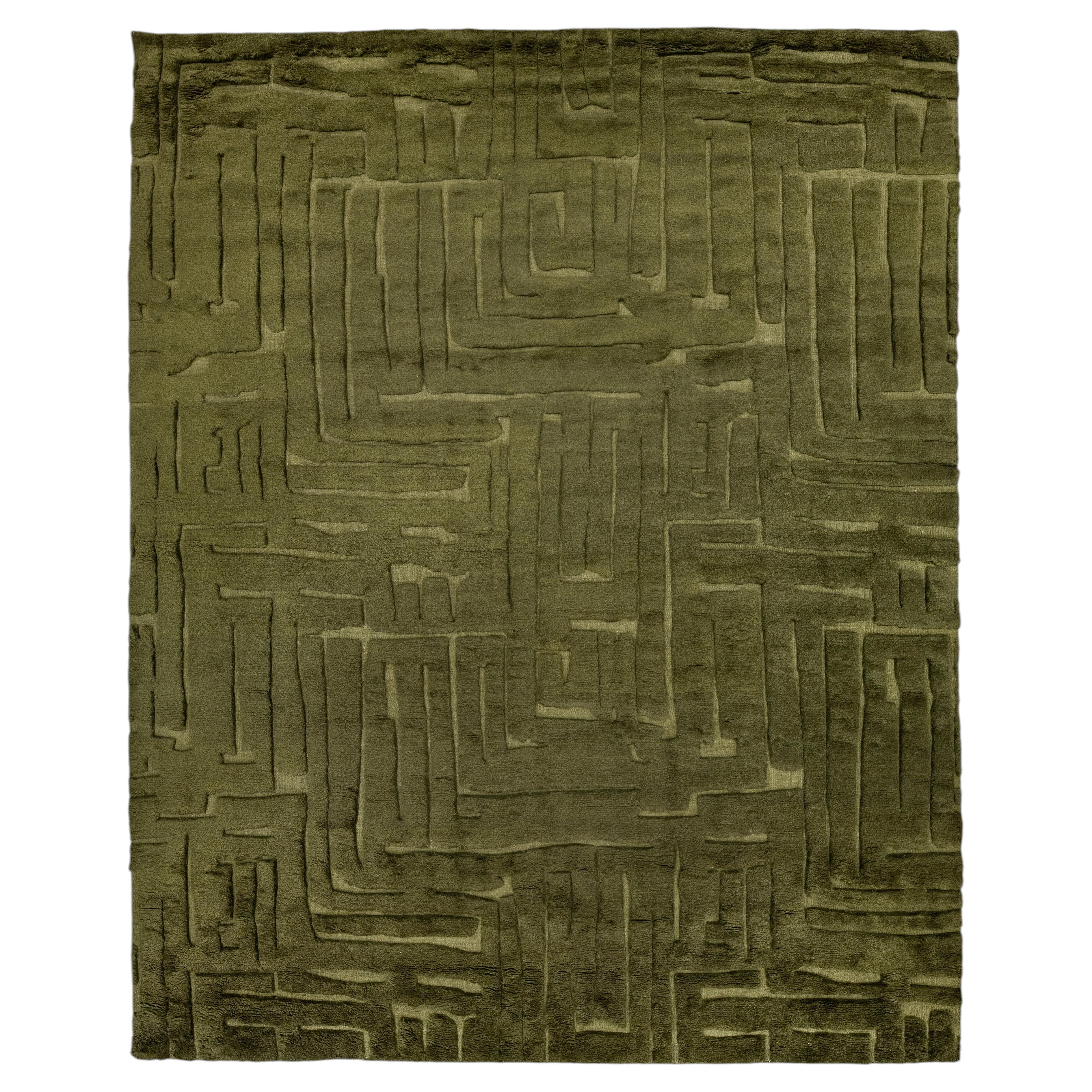 Contemporary Moroccan Wool Rug in Moss Green with Dimensional Carved Pattern