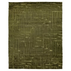 Contemporary Moroccan Wool Rug in Moss Green with Dimensional Carved Pattern