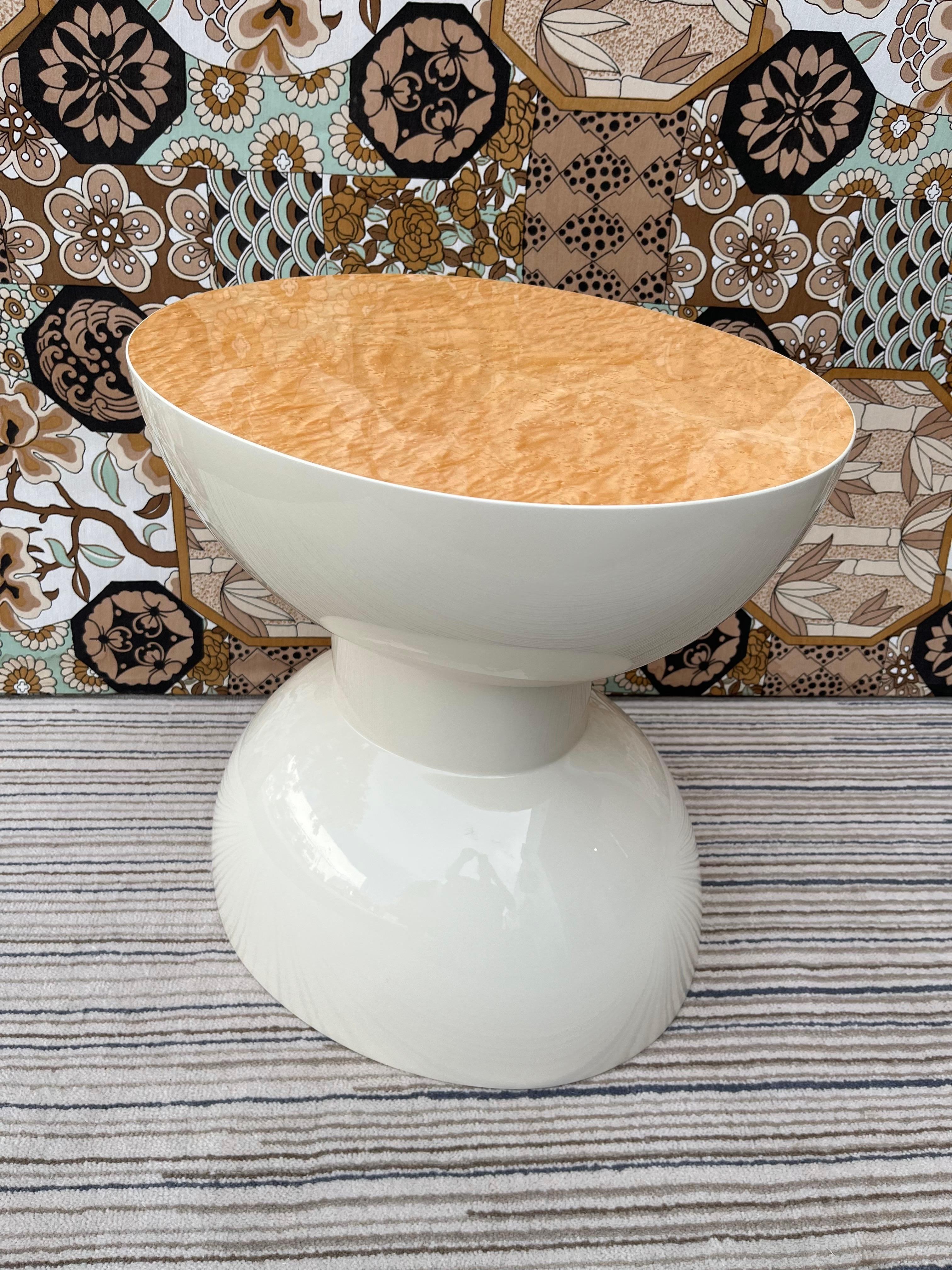 Preowned Contemporary Morocco side or accent table by the Wendell Castle Collection Rochester, NY. Signed at the bottom by the Designer. Circa 2010-2020s. 
On both top and bottom, the hemispherical shape of the Morocco side table allows light to