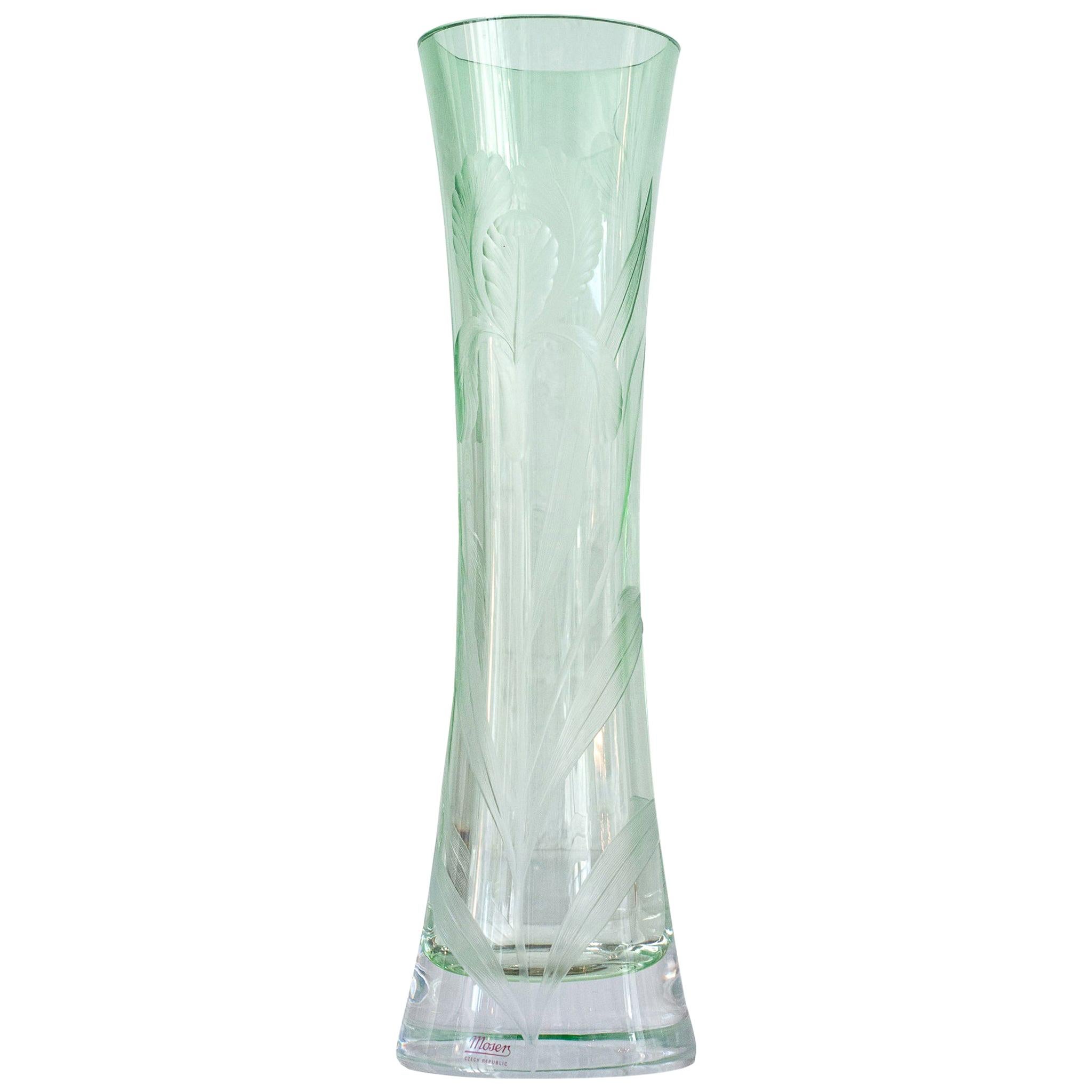 Contemporary Moser Green Hand Etched Iris Crystal Vase