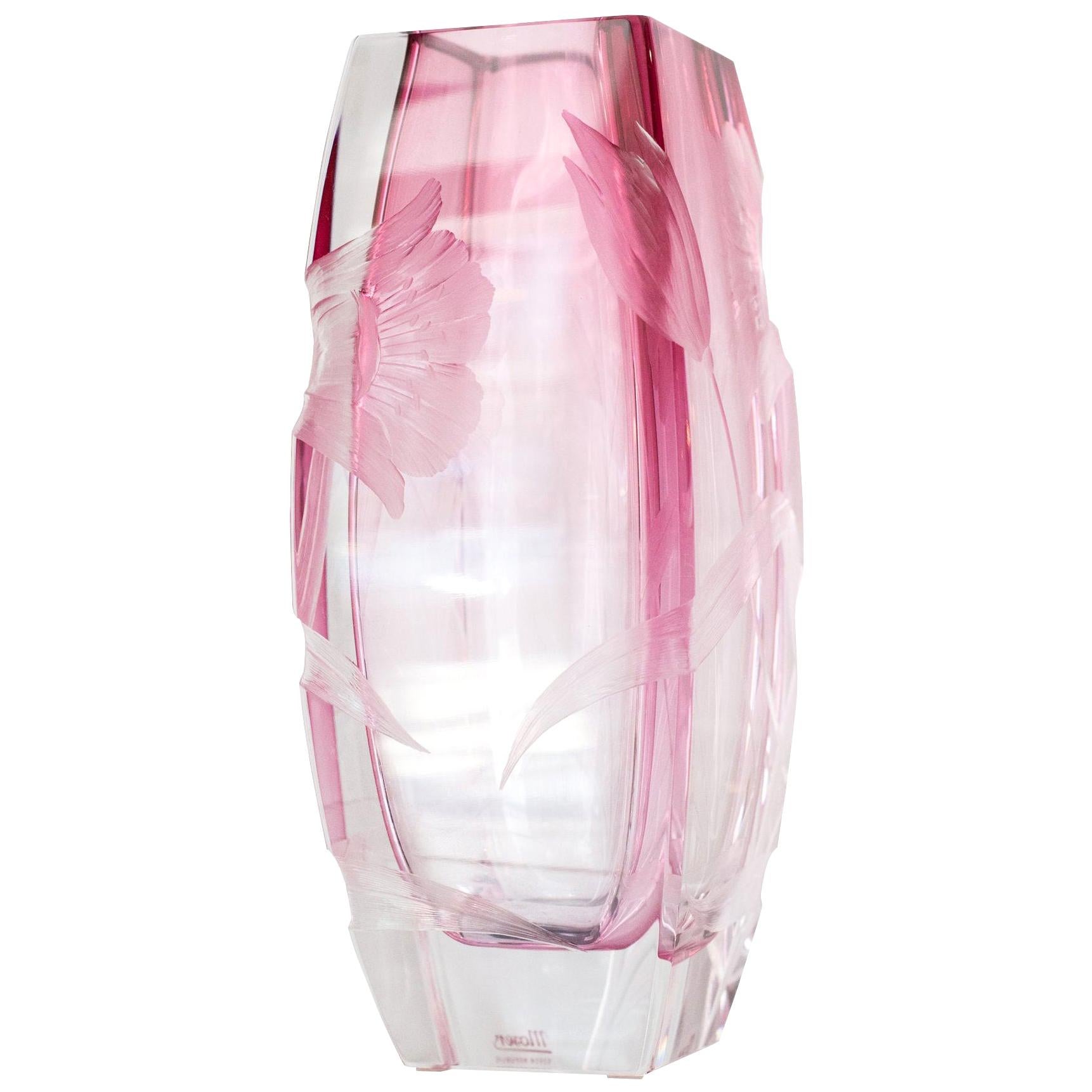 Contemporary Moser Rosalin Pink Hand Etched Floral Crystal Vase