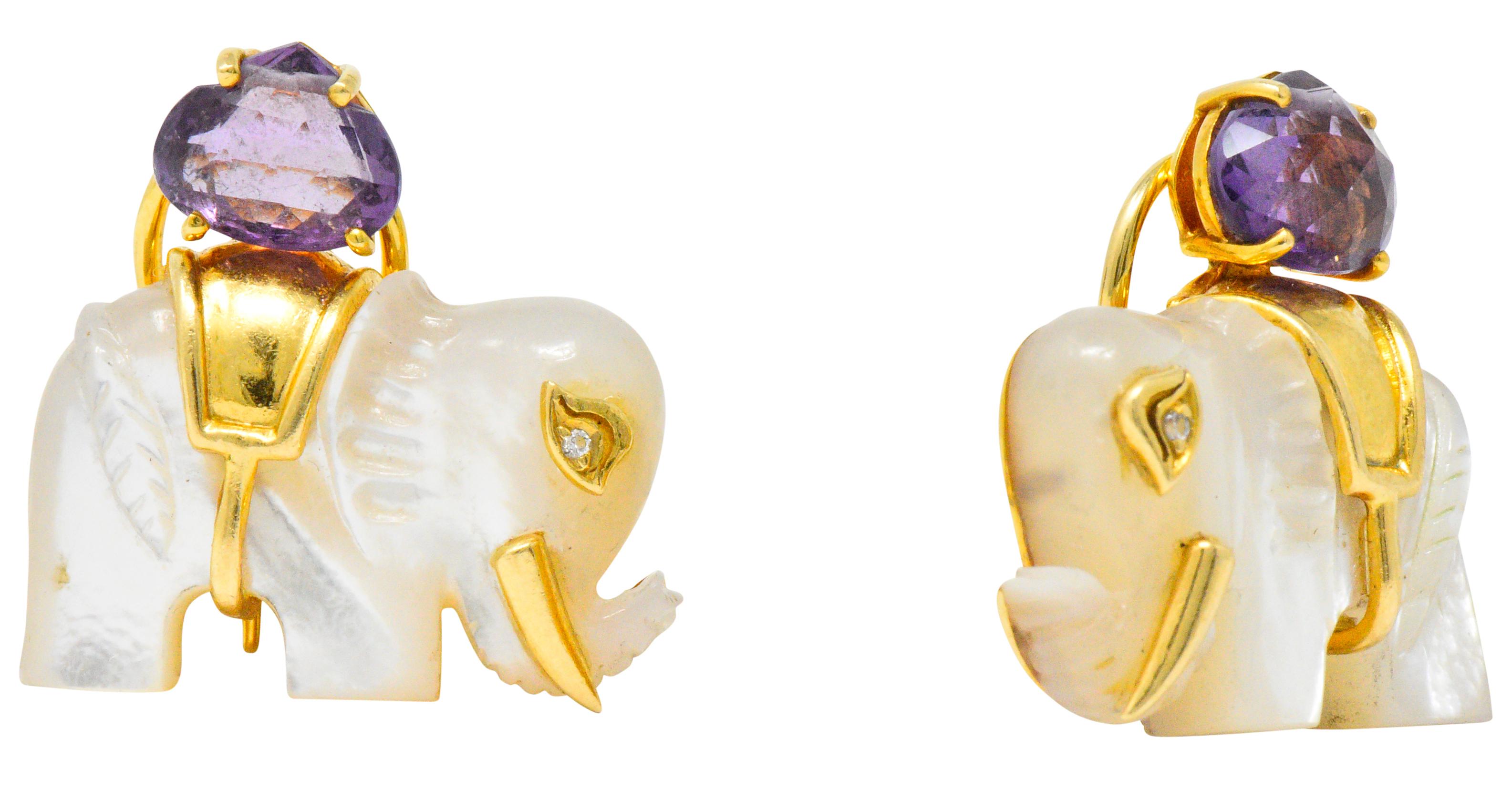 Contemporary Mother of Pearl Amethyst Diamond 18 Karat Gold Elephant Earrings 3