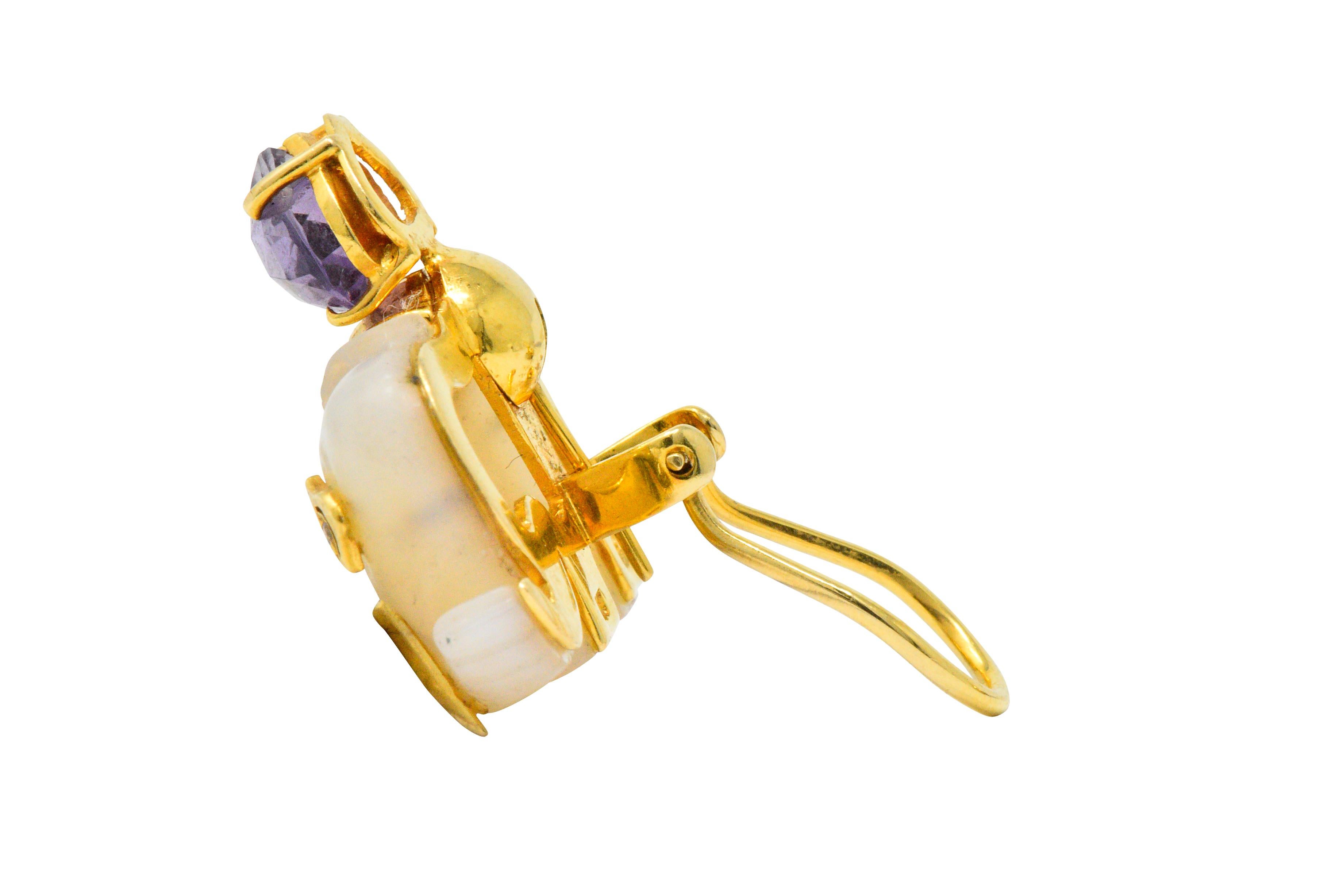 Contemporary Mother of Pearl Amethyst Diamond 18 Karat Gold Elephant Earrings 2
