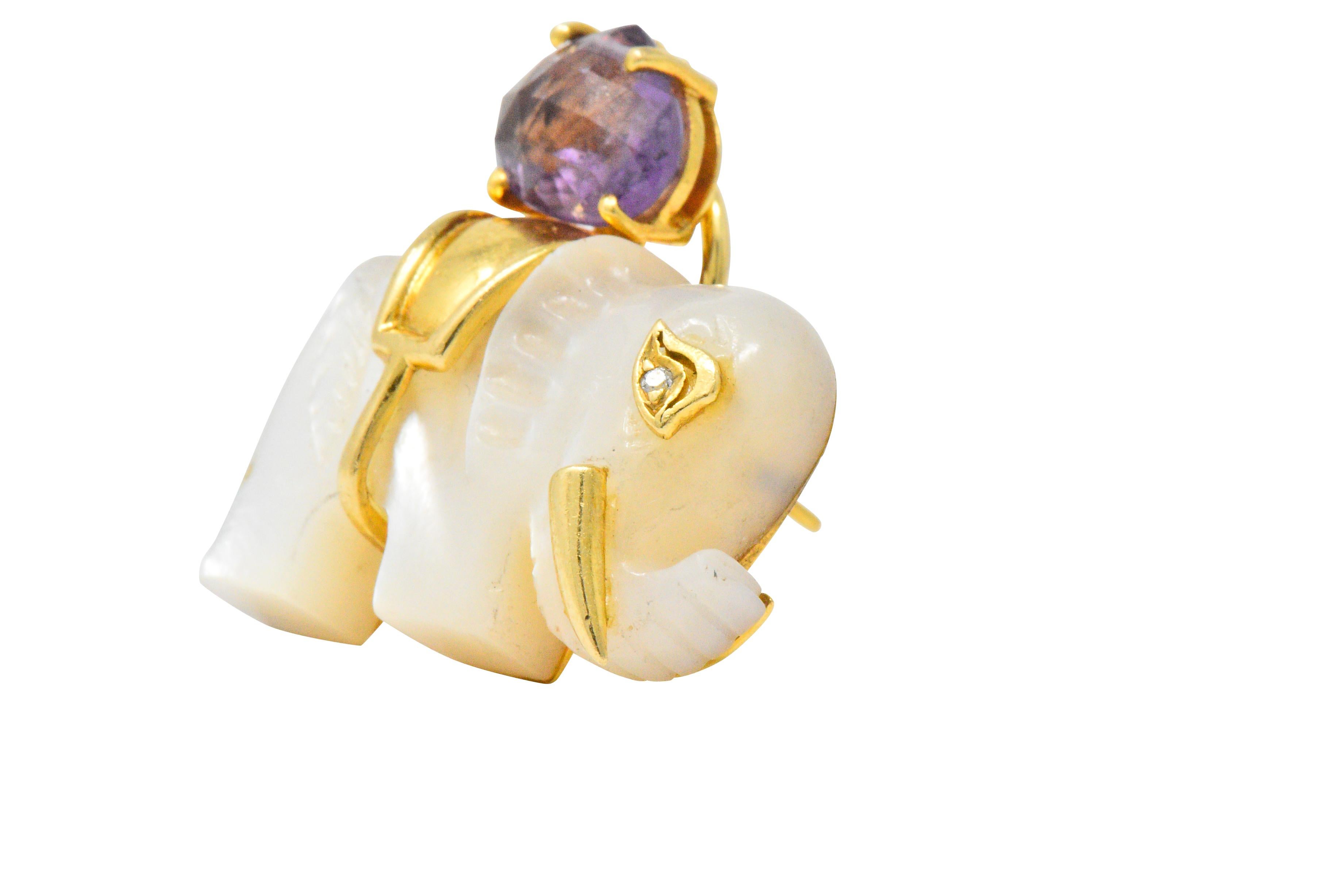 Contemporary Mother of Pearl Amethyst Diamond 18 Karat Gold Elephant Earrings 1