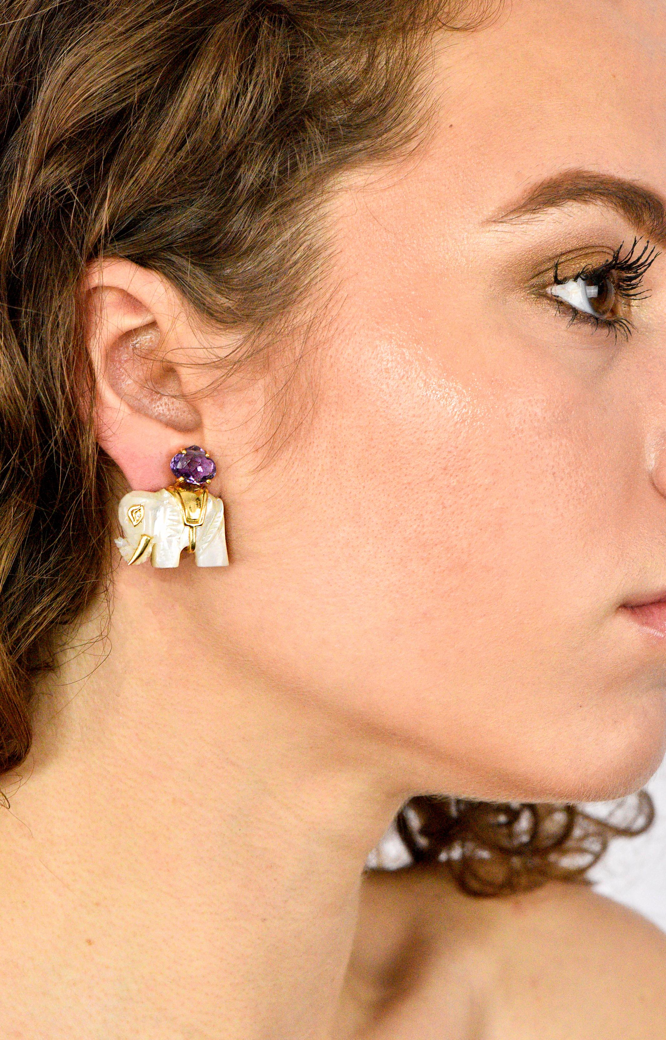 Contemporary Mother of Pearl Amethyst Diamond 18 Karat Gold Elephant Earrings 4