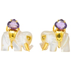 Contemporary Mother of Pearl Amethyst Diamond 18 Karat Gold Elephant Earrings