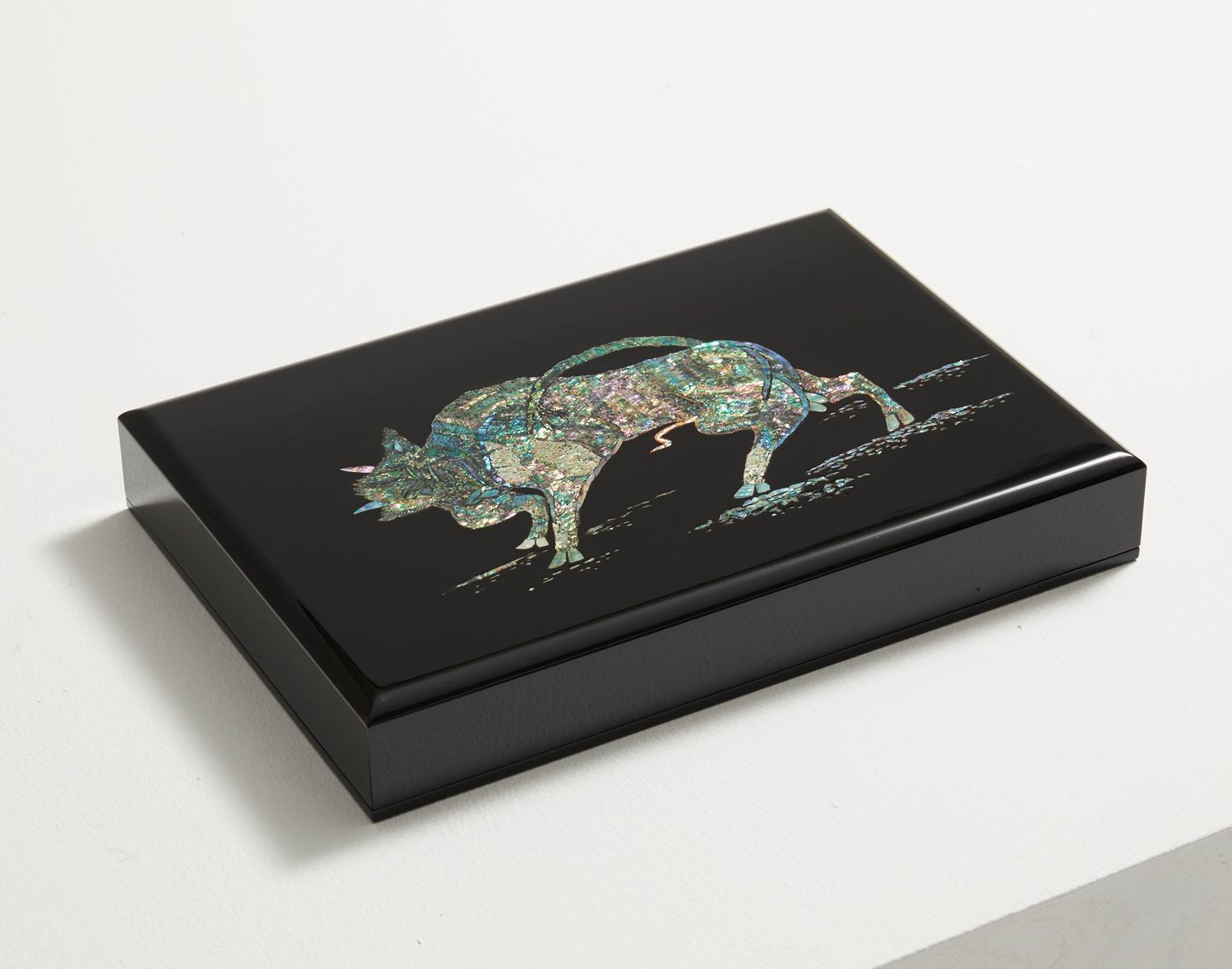 Lacquered Contemporary Unique Black Document Box with Bull Design by Arijian For Sale