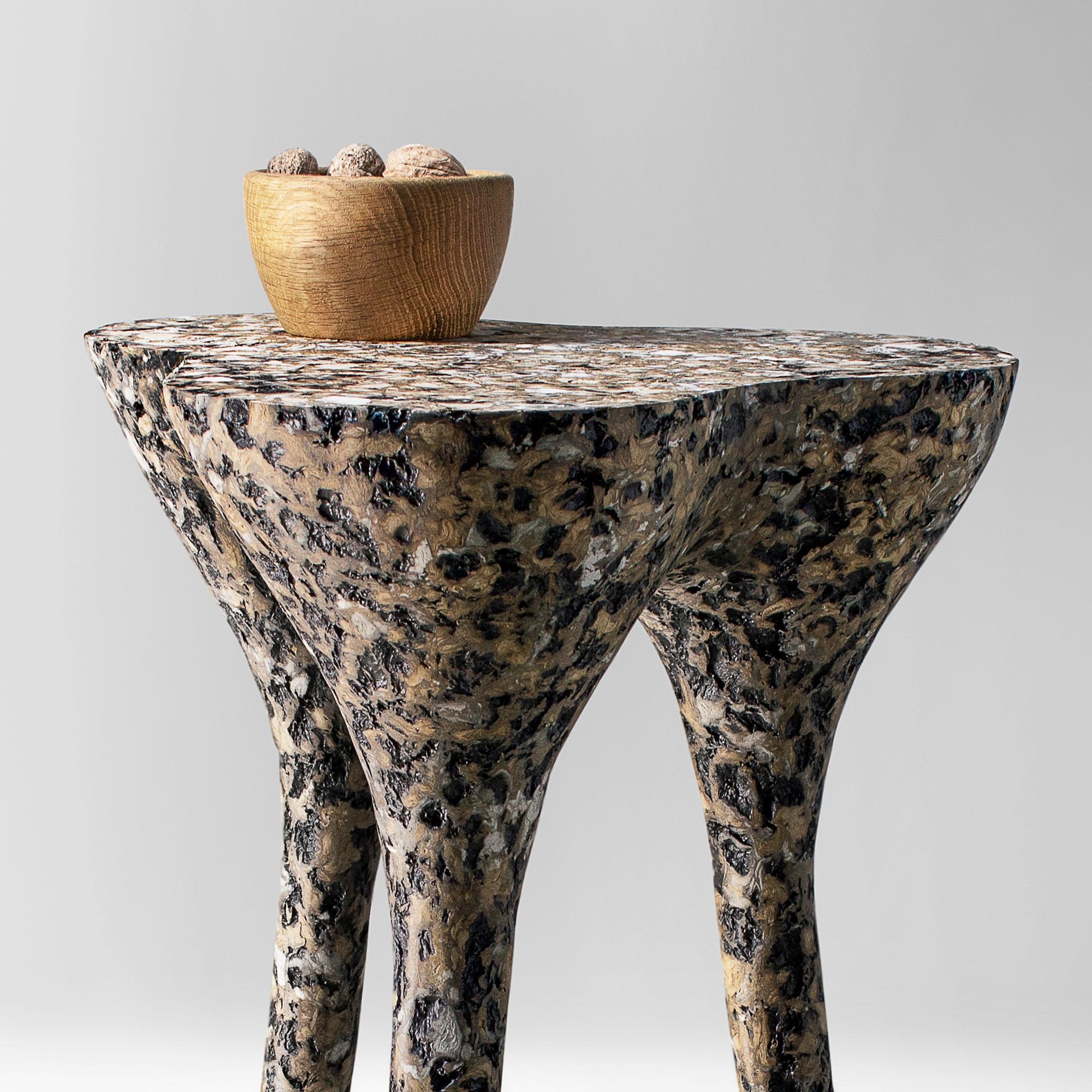 Brutalist Contemporary mottled tripod side table, interior accent by Donatas Žukauskas For Sale