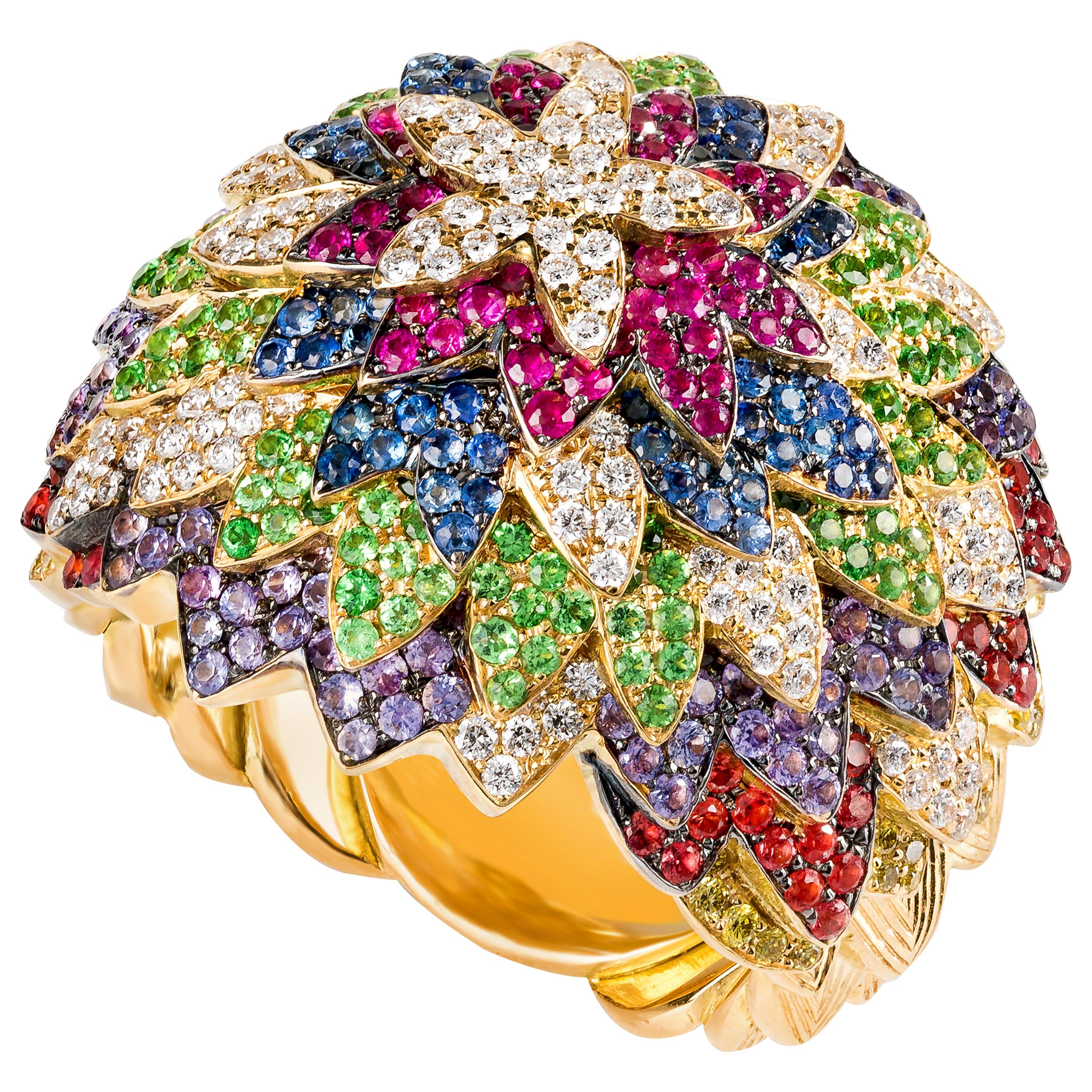Rosior one-off Multi-Color Gemstone Cocktail Ring set in Yellow Gold