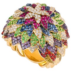 Rosior, bague cocktail unique en or jaune sertie de pierres précieuses multicolores