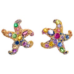 Contemporary Multi-Color Gemstone Contemporary Starfish Earrings in Yellow Gold