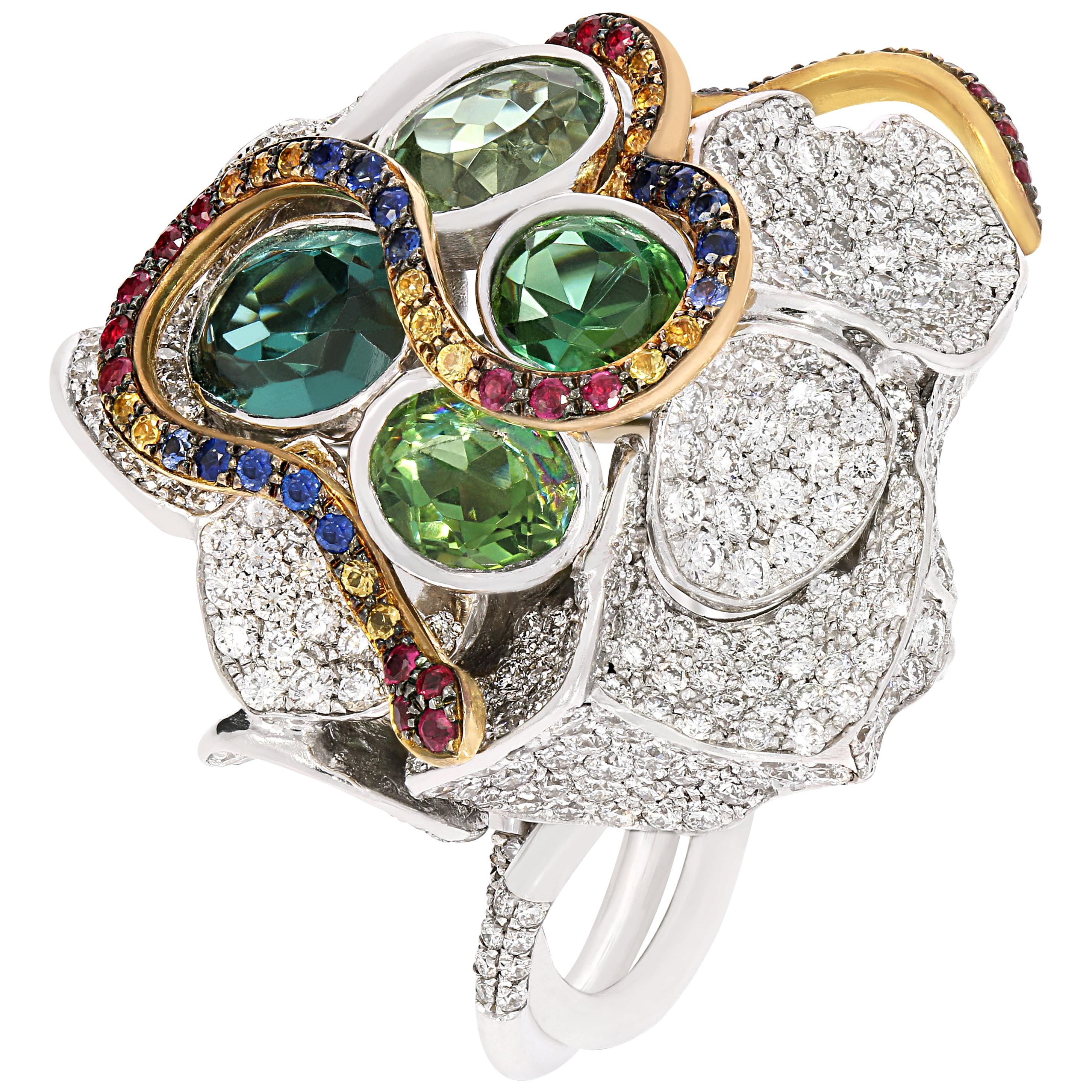 Rosior Multi-Color Gemstone "Snakes" Ring set in White and Yellow Gold