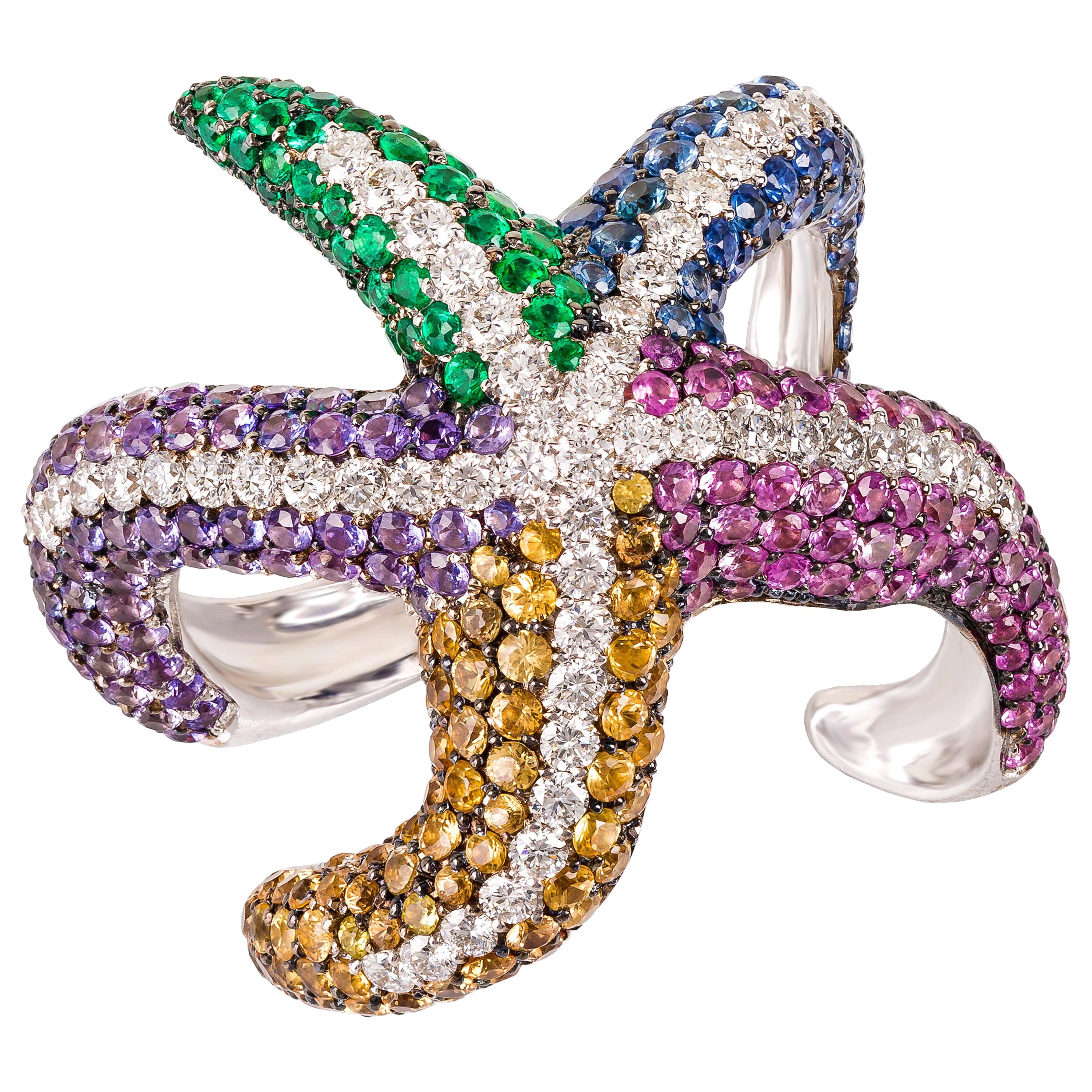 Contemporary Multi-Color Gemstone "Starfish" Cocktail Ring in White Gold