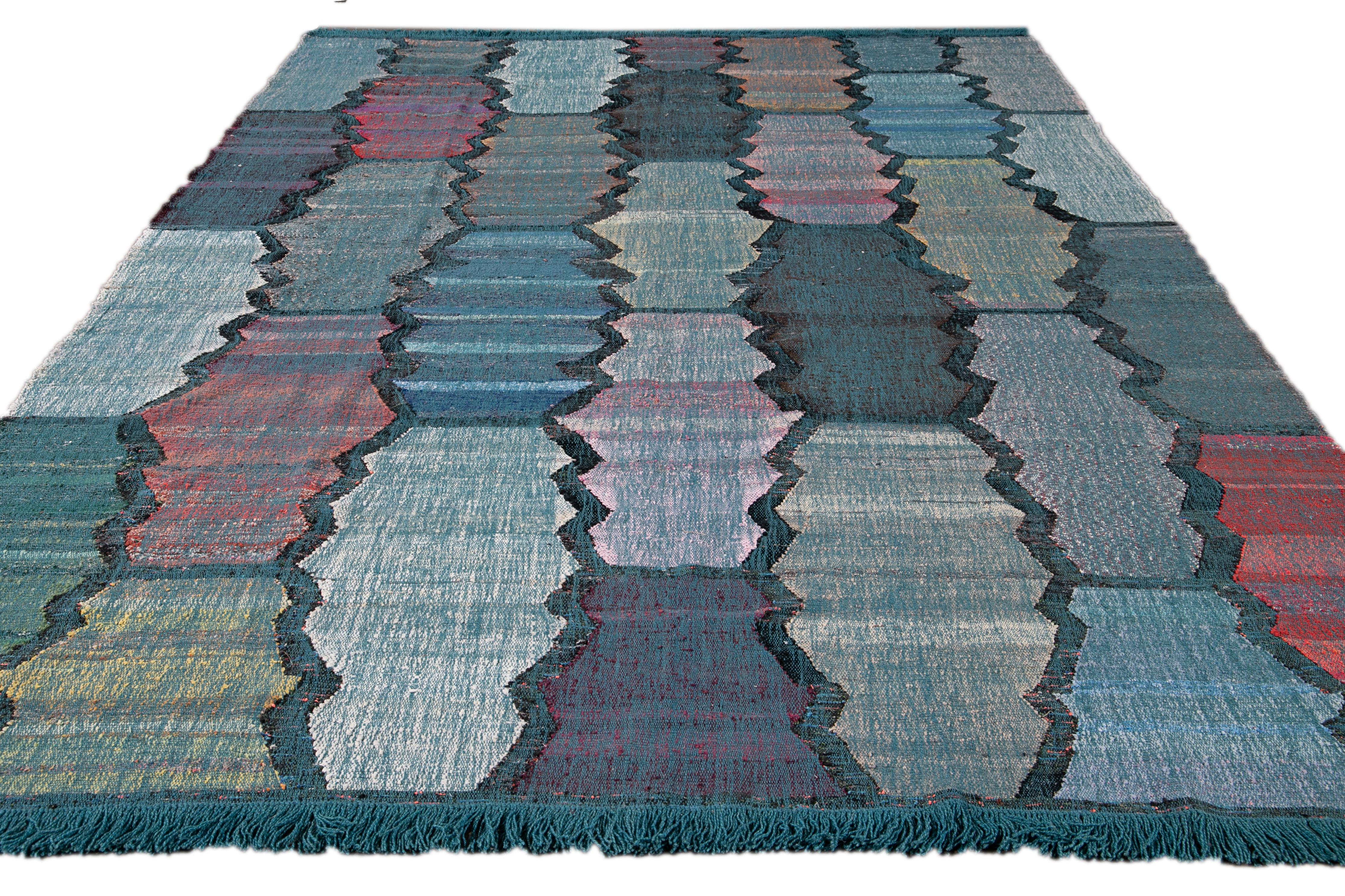 Afghan Contemporary Multi-color Kilim Handmade Geometric Wool Rug For Sale