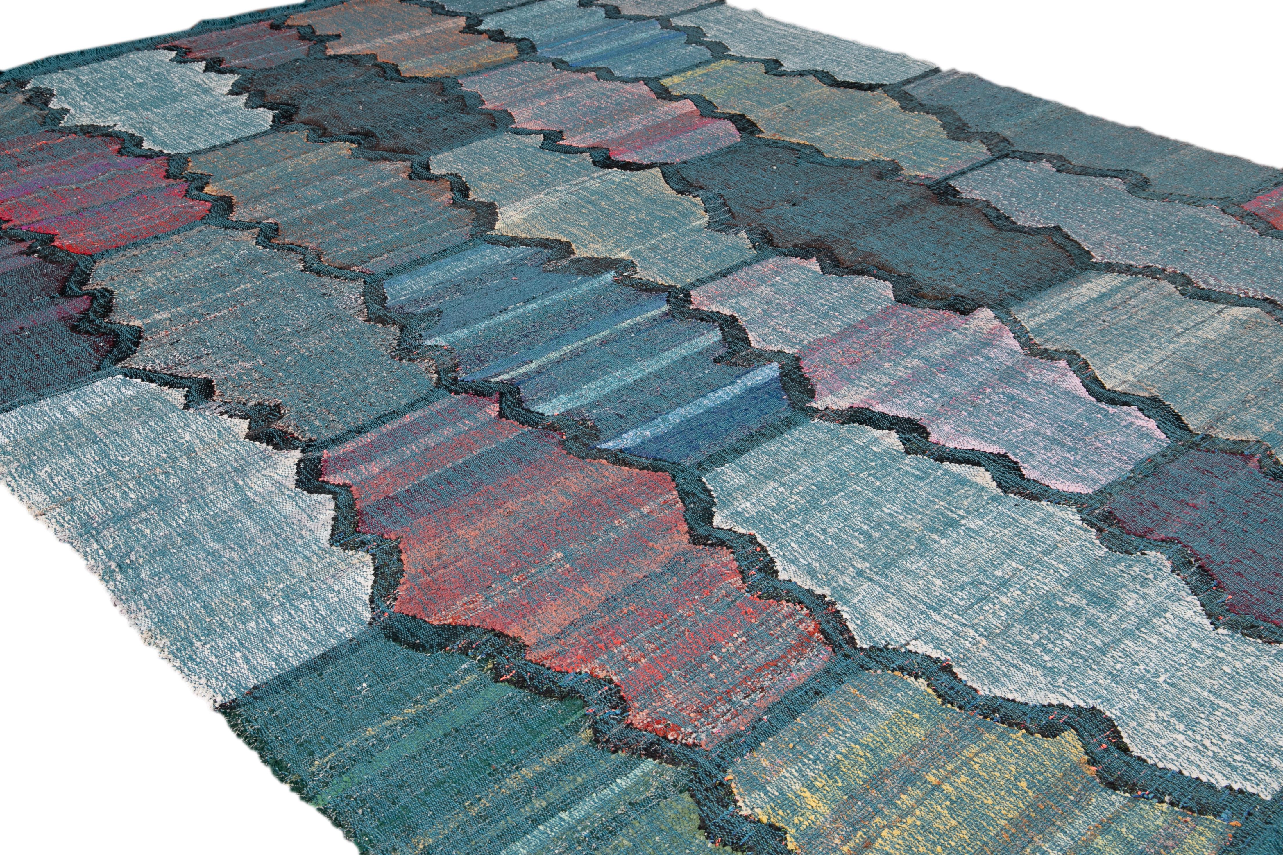 Contemporary Multi-color Kilim Handmade Geometric Wool Rug For Sale 2