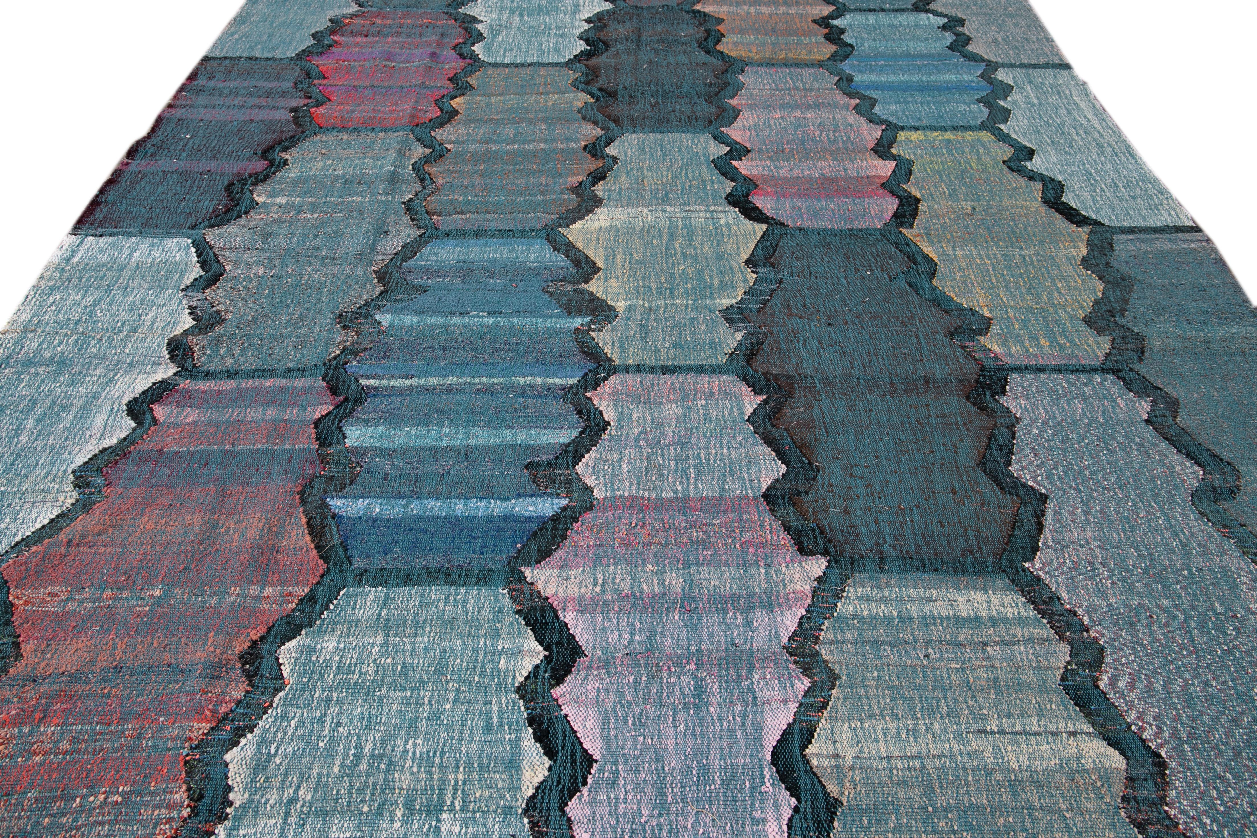 Contemporary Multi-color Kilim Handmade Geometric Wool Rug For Sale 3