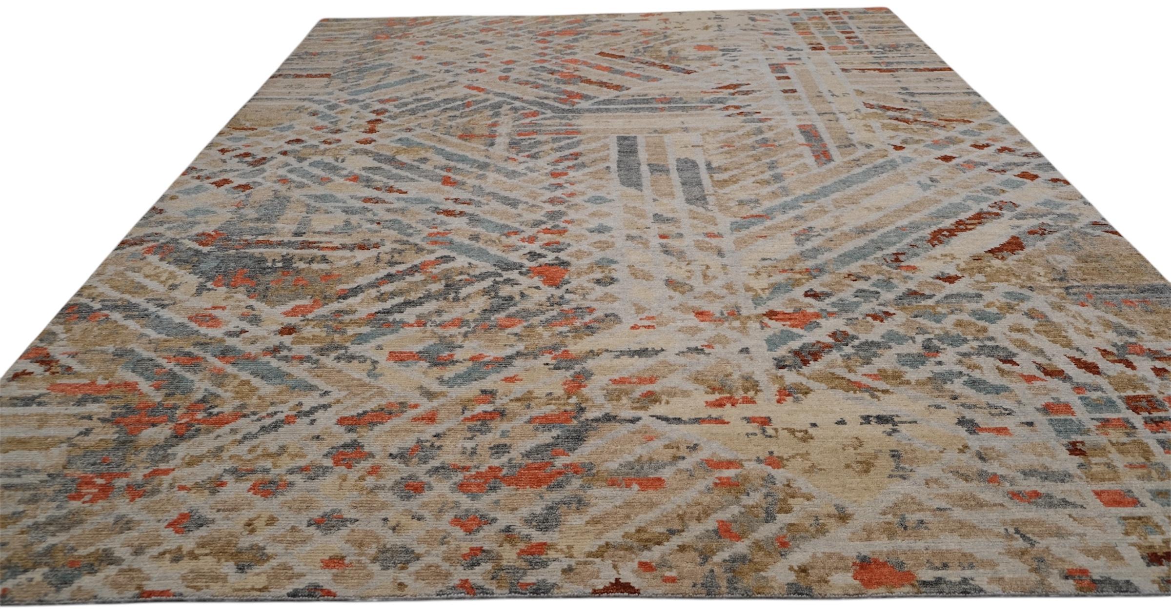 Contemporary Multi-Colored Abstract Geometric Wool Rug 9'2''x11'10'' (Nepalesisch) im Angebot