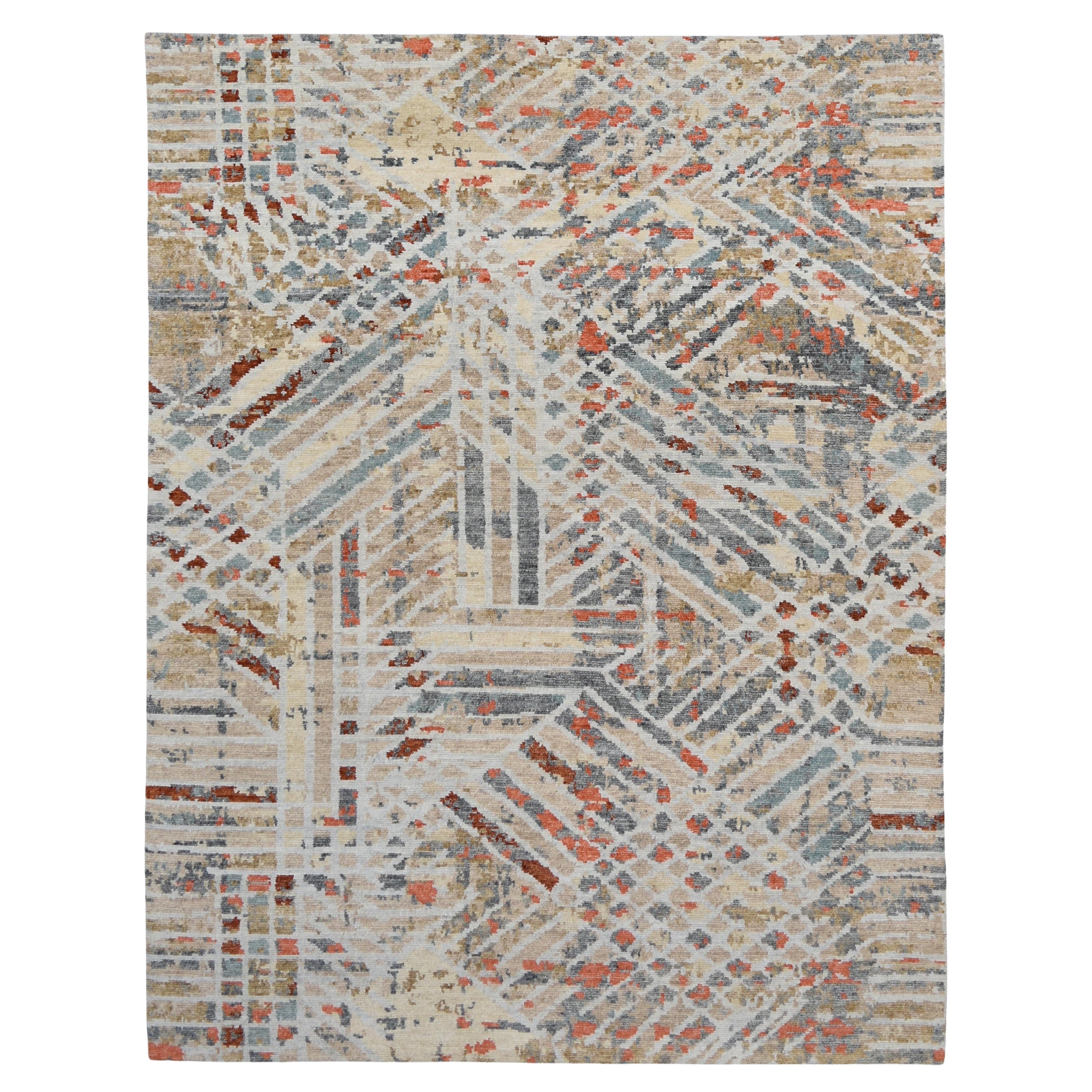 Tappeto di lana geometrico astratto multicolore contemporaneo 9'2''x11'10''