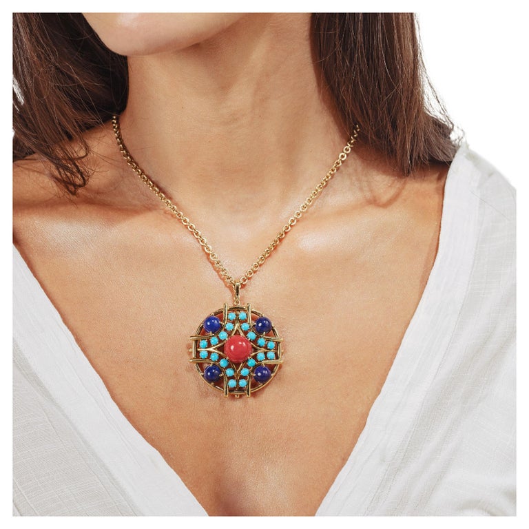 Vintage Gold Medallion Necklace With MultiColoured Gemstones For Sale