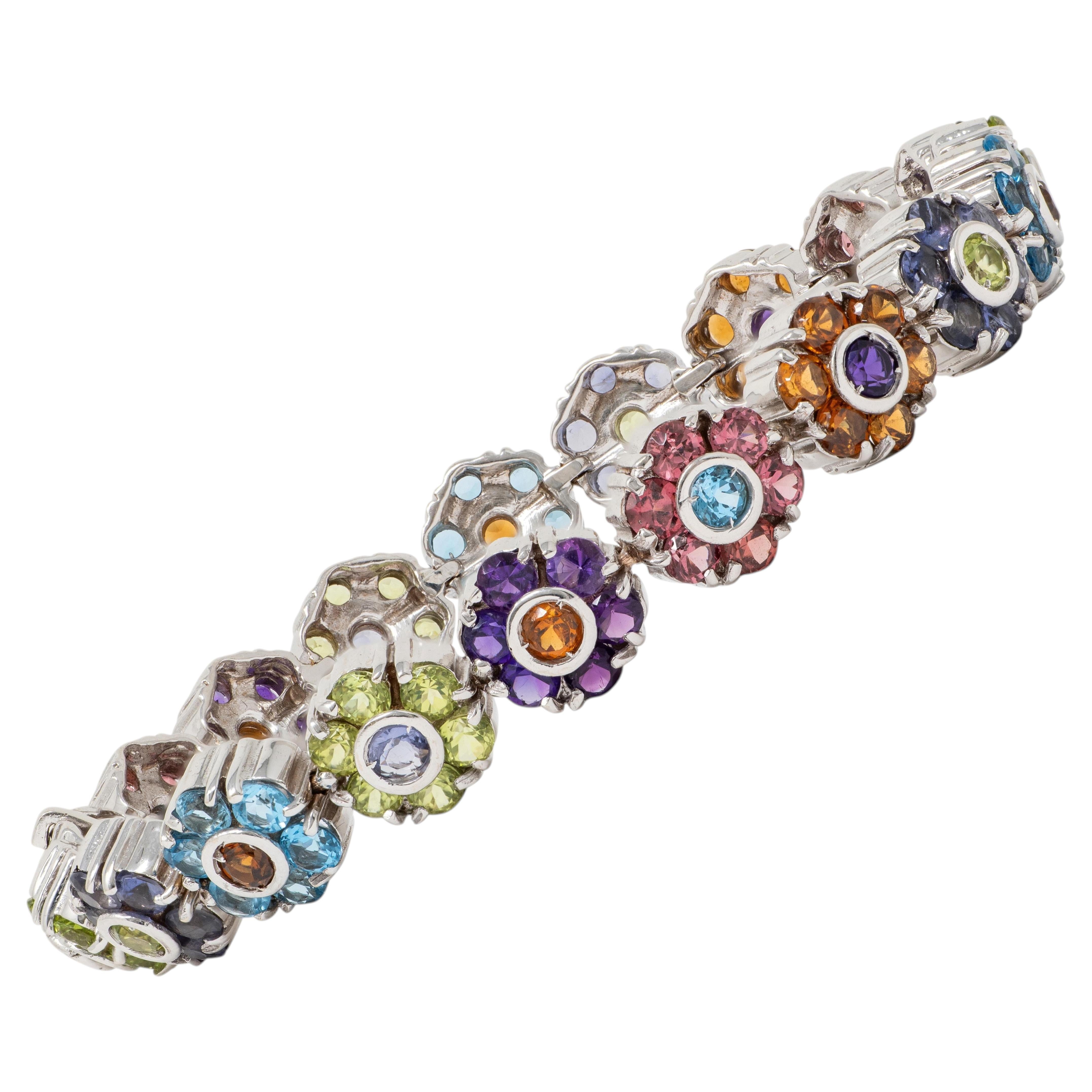 Zeitgenössisches Multi-Gem 18 Karat Weißgold Florales Link-Armband