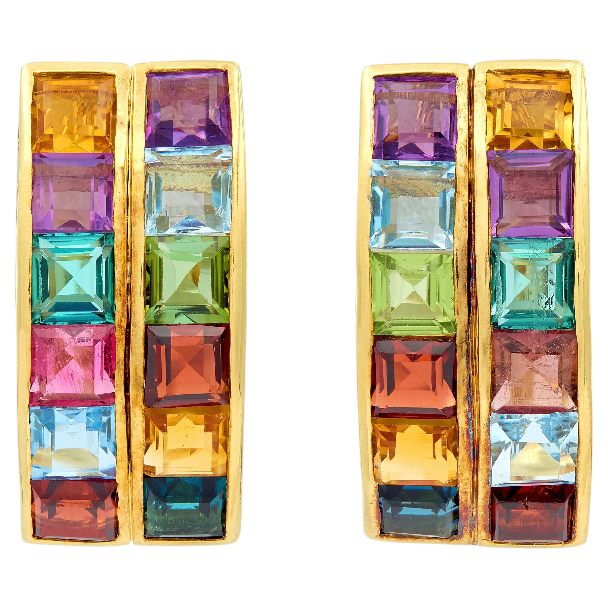 Contemporary Multi-Gem 18 Karat Yellow Gold Rainbow J-Hoop Ear-Clip Earrings
