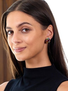 Contemporary Multi-Gem Diamond 18K Gold Checkerboard Cluster Ear-Clip Earrings