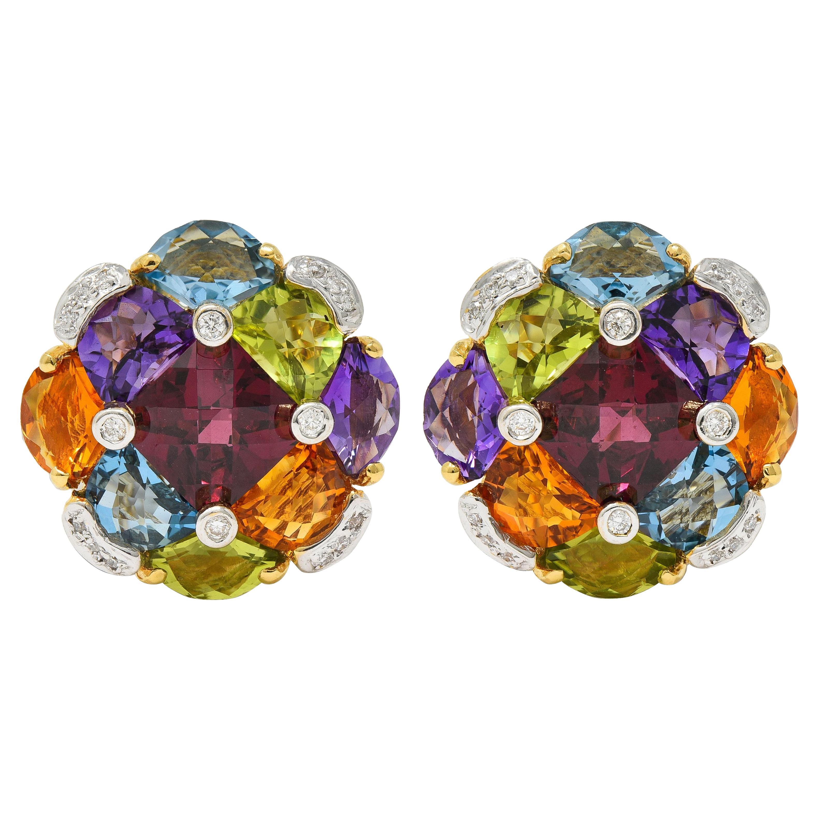 Contemporary Multi-Gem Diamond 18K Gold Checkerboard Cluster Ear-Clip Earrings en vente