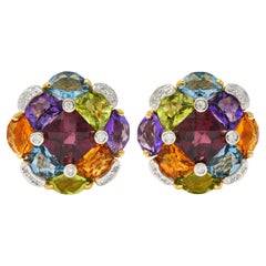 Contemporary Multi-Gem Diamond 18K Gold Checkerboard Cluster Ear-Clip Earrings